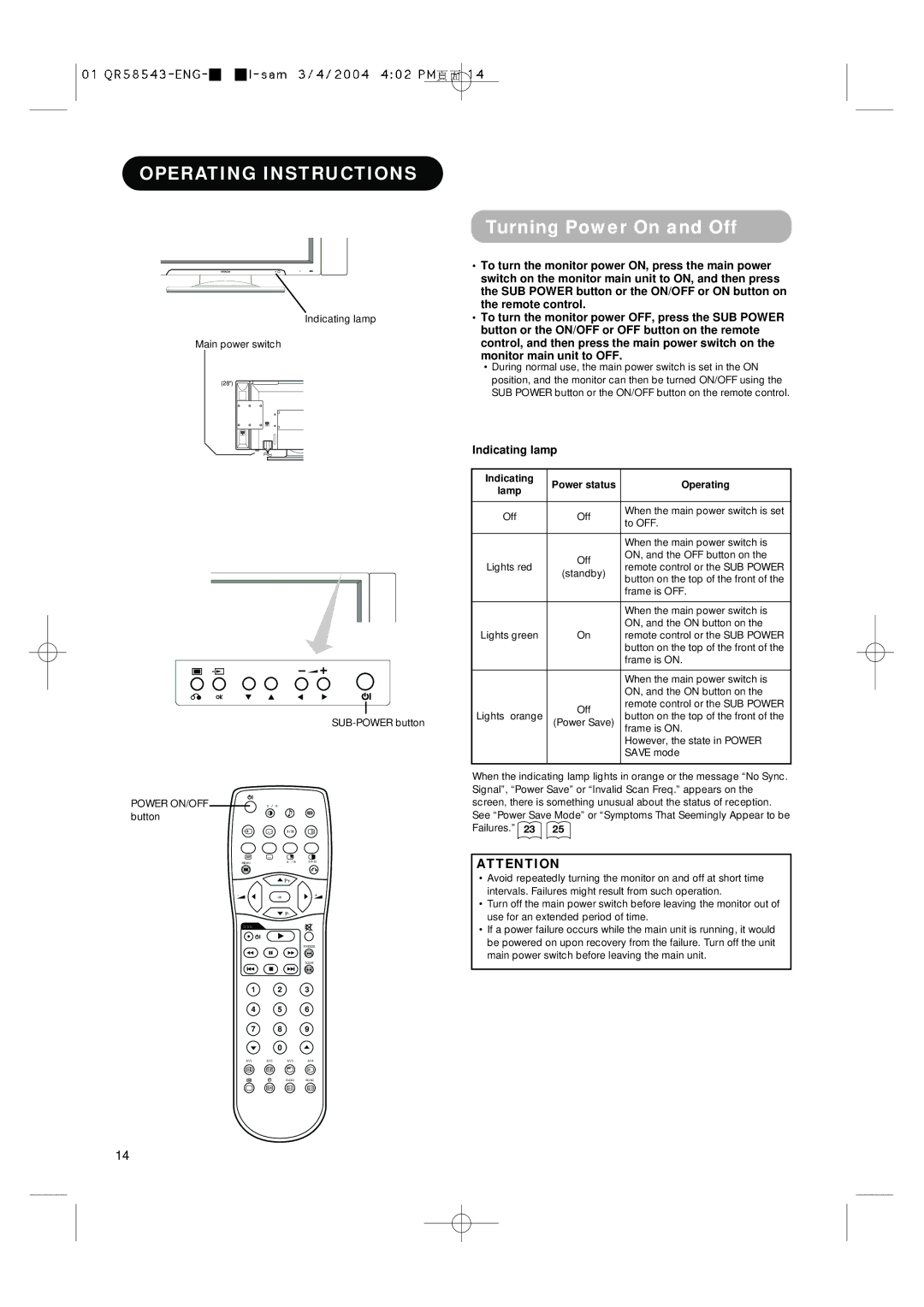 Hitachi 28LD5000TA Operating Instructions, Turning Power On and Off, Indicating lamp, Indicating Power status Operating 