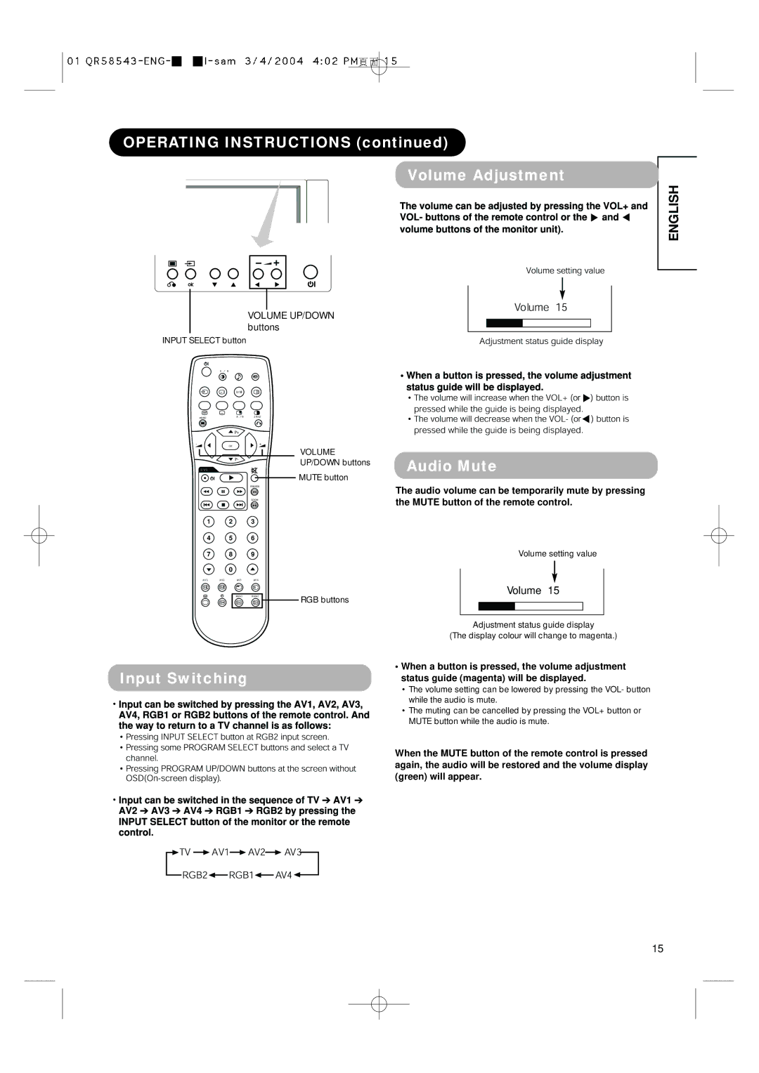 Hitachi 28LD5000TA Operating Instructions Volume Adjustment, Audio Mute, Input Switching, Volume UP/DOWN buttons 