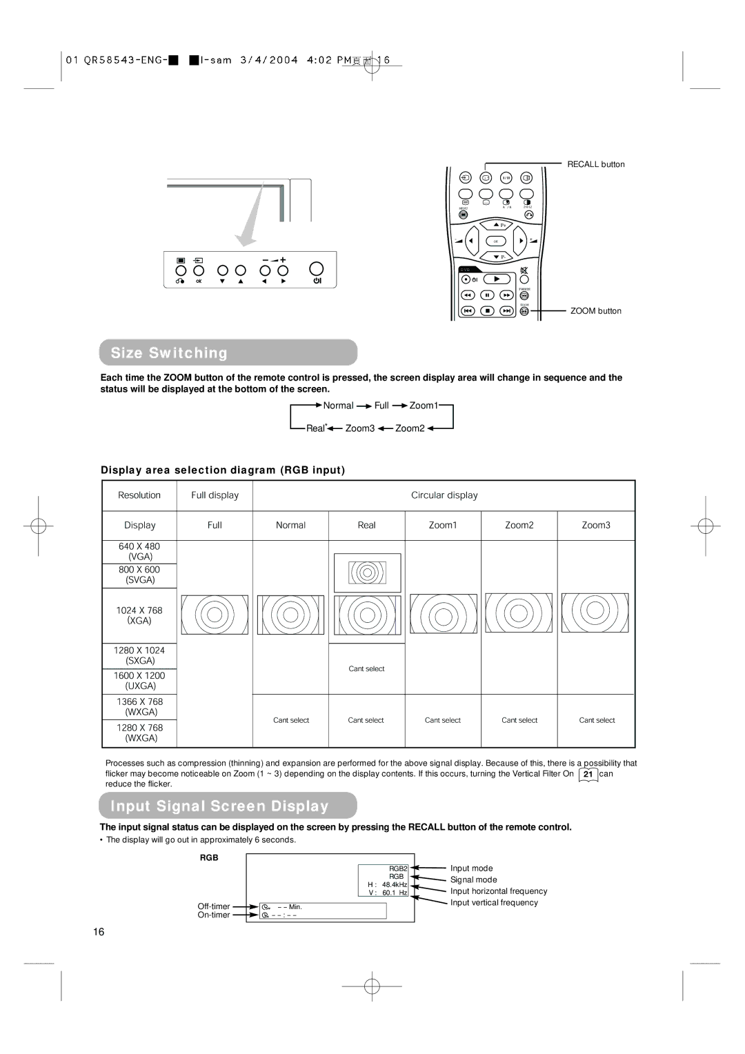 Hitachi 28LD5000TA user manual Size Switching, Input Signal Screen Display, Display area selection diagram RGB input 