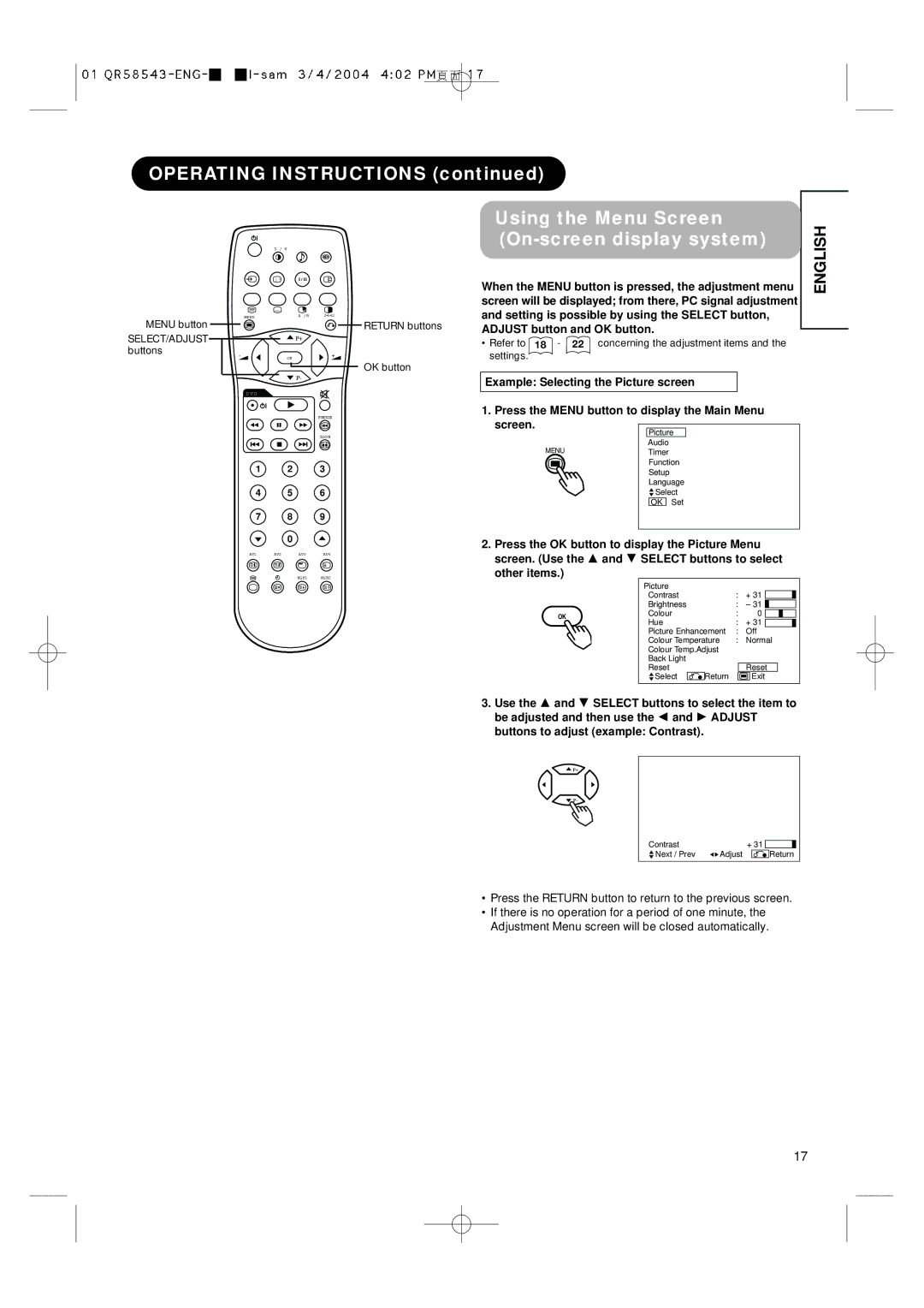 Hitachi 28LD5000TA user manual Operating Instructions, Using the Menu Screen, On-screen display system 