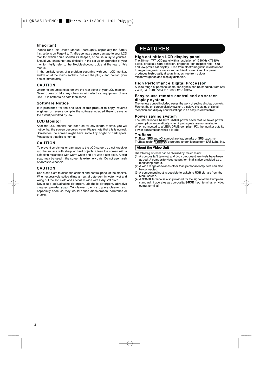 Hitachi 28LD5000TA user manual Features 