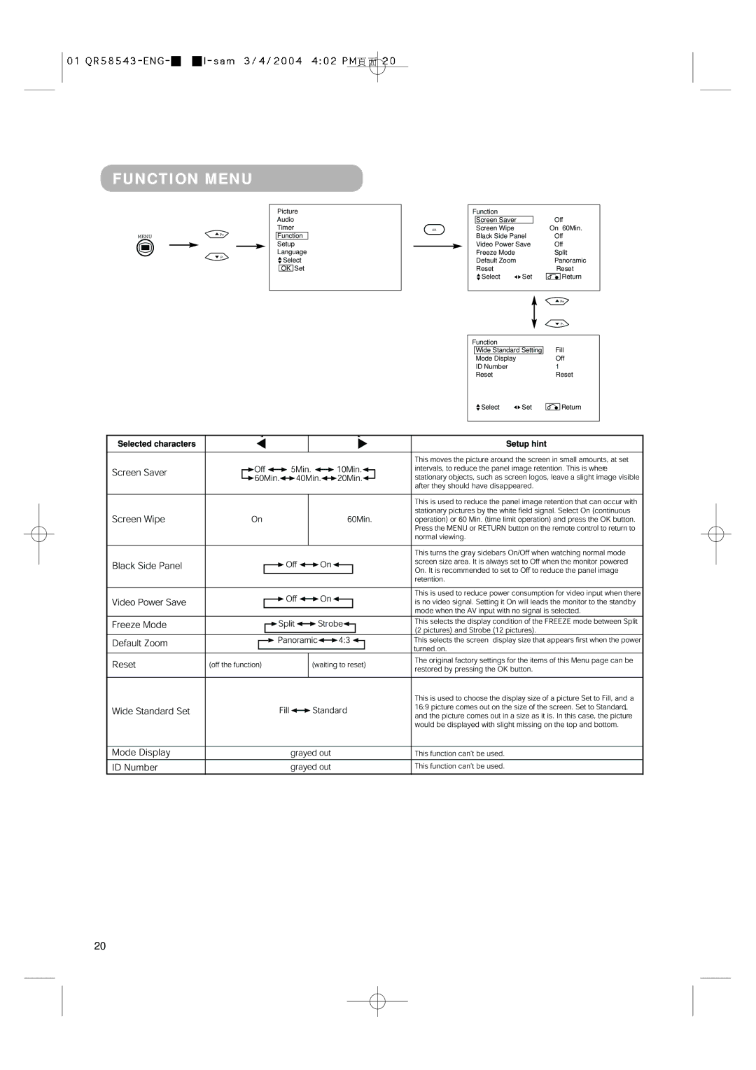 Hitachi 28LD5000TA user manual Function Menu 