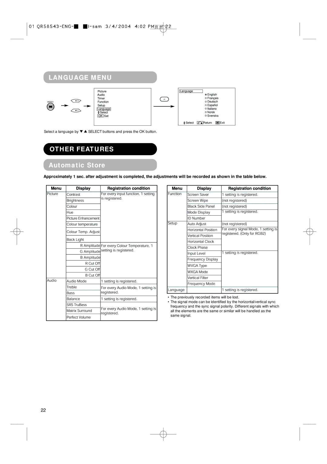 Hitachi 28LD5000TA user manual Language Menu, Other Features, Automatic Store 