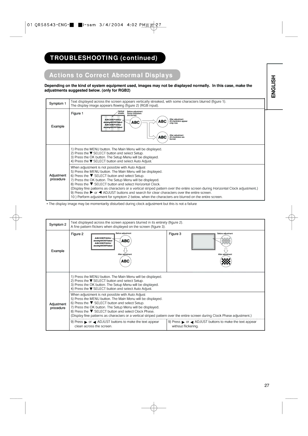 Hitachi 28LD5000TA user manual Troubleshooting Actions to Correct Abnormal Displays 