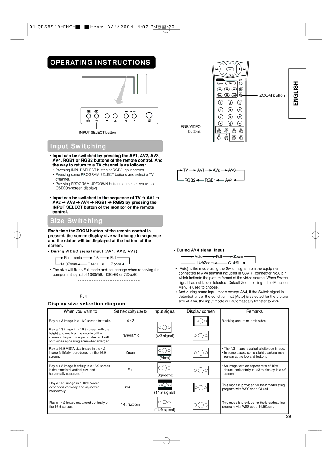 Hitachi 28LD5000TA user manual Display size selection diagram 