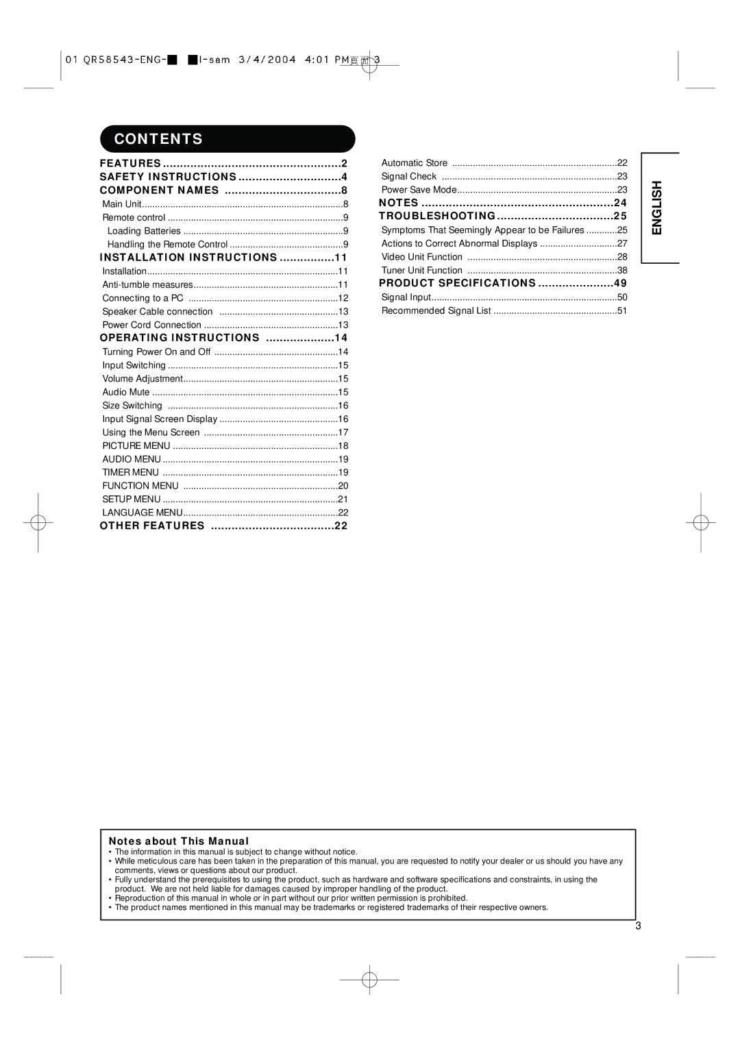 Hitachi 28LD5000TA user manual Contents 