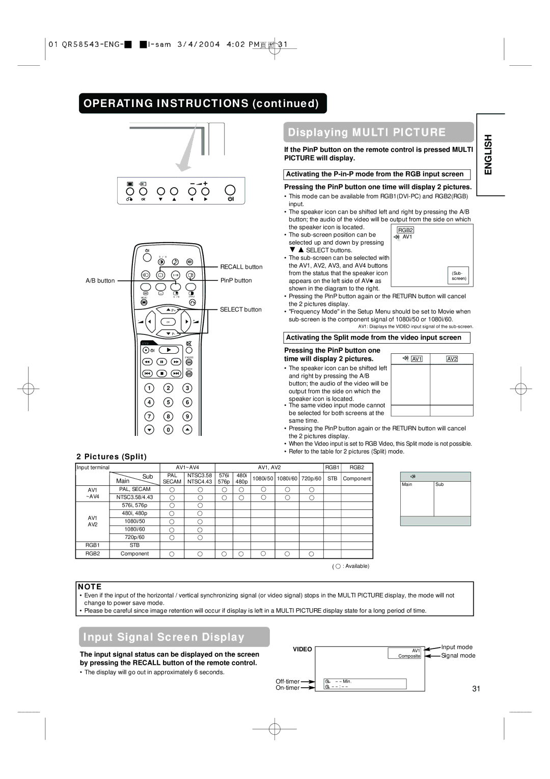 Hitachi 28LD5000TA user manual Operating Instructions Displaying Multi Picture, Pictures Split 