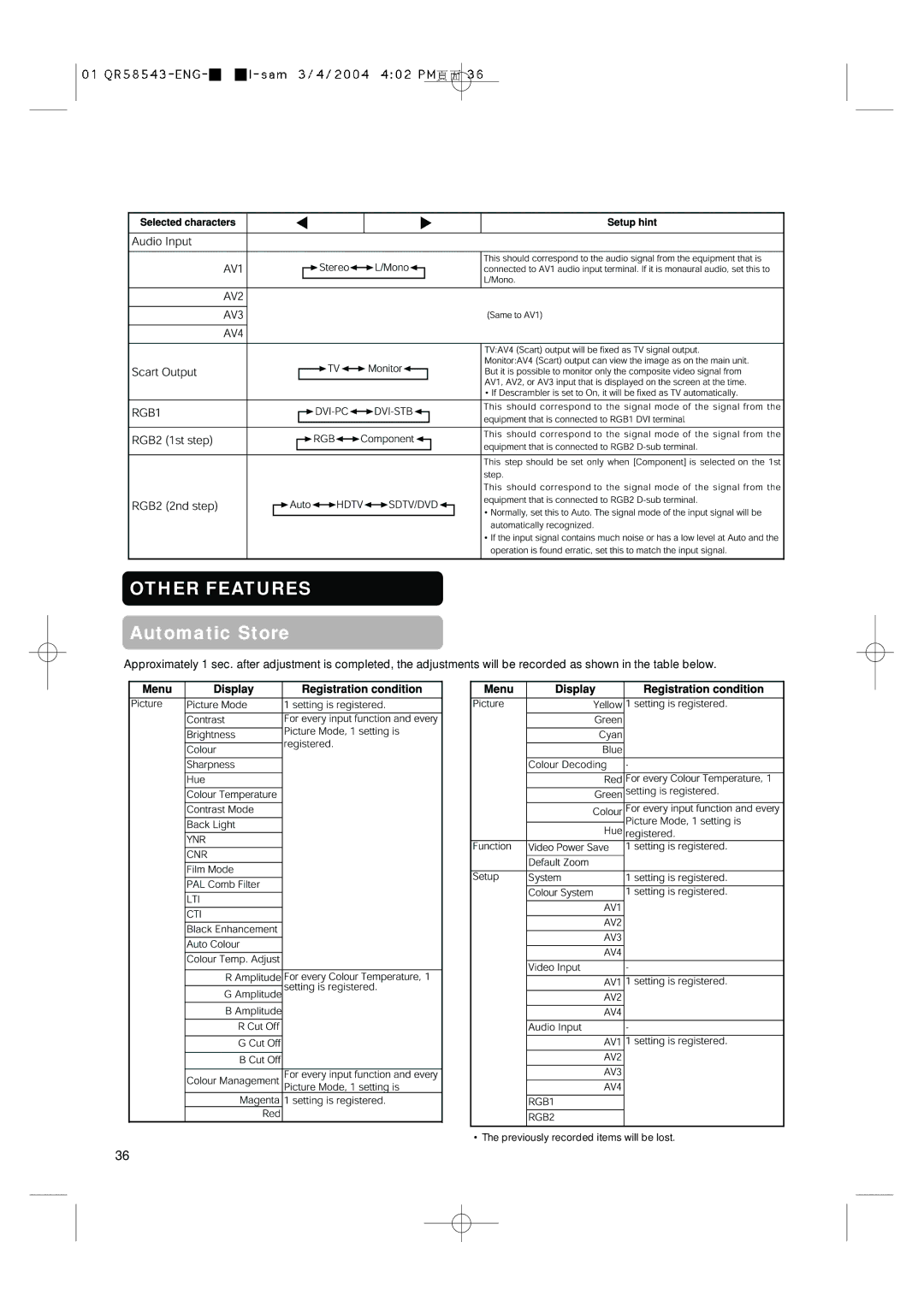 Hitachi 28LD5000TA user manual Other Features, Previously recorded items will be lost 