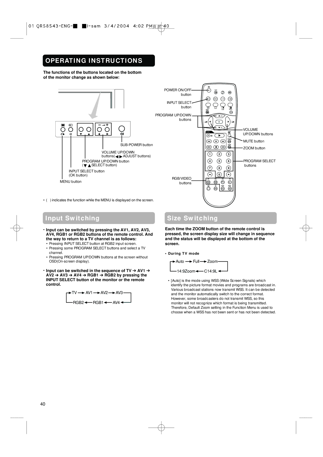 Hitachi 28LD5000TA Input Select button of the monitor or the remote control, Auto Full Zoom 149Zoom C149L, Buttons 