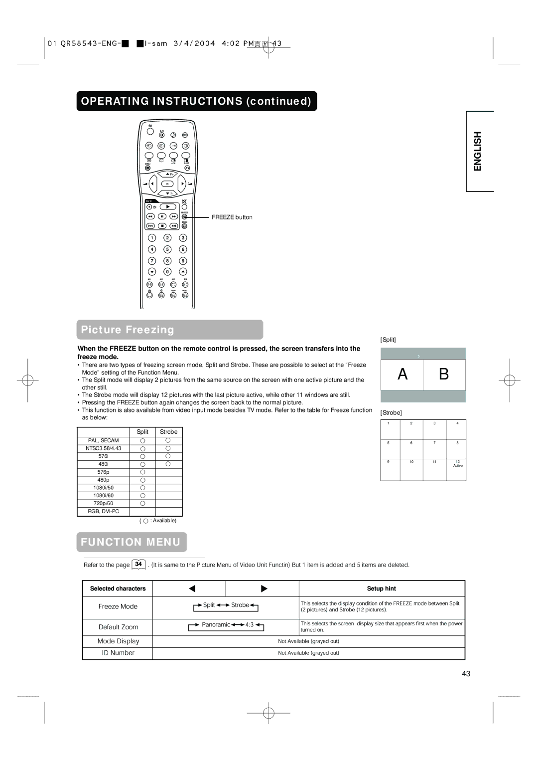 Hitachi 28LD5000TA user manual Picture Freezing, Freeze button, Split Strobe 