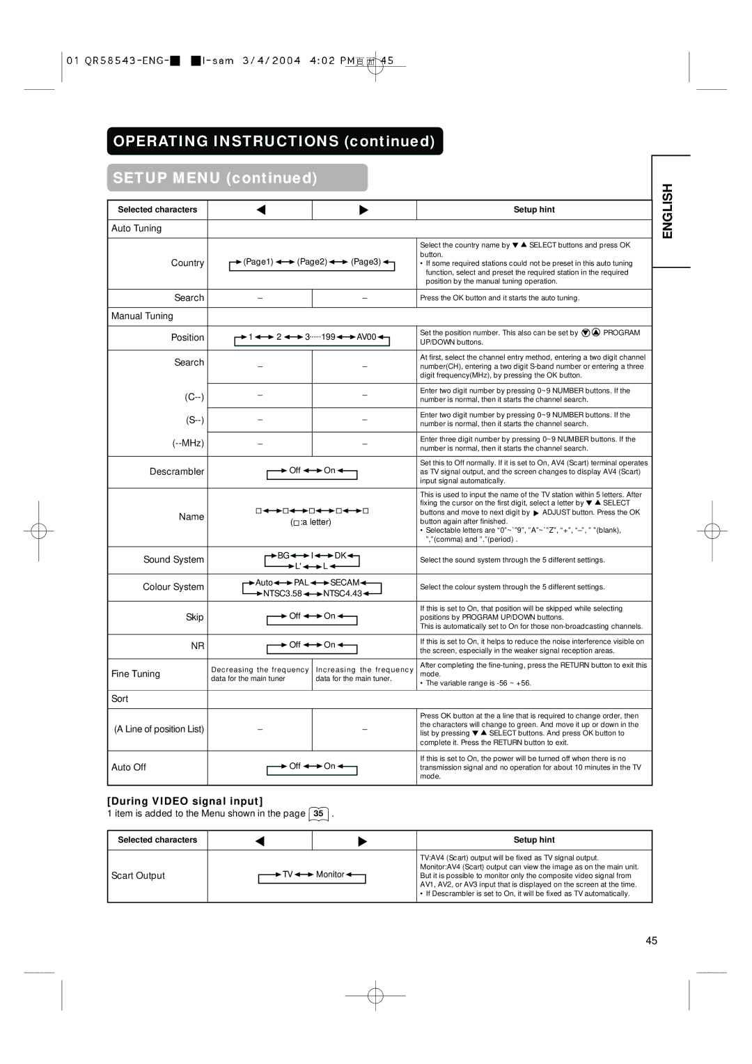 Hitachi 28LD5000TA user manual Operating Instructions Setup Menu, During Video signal input 