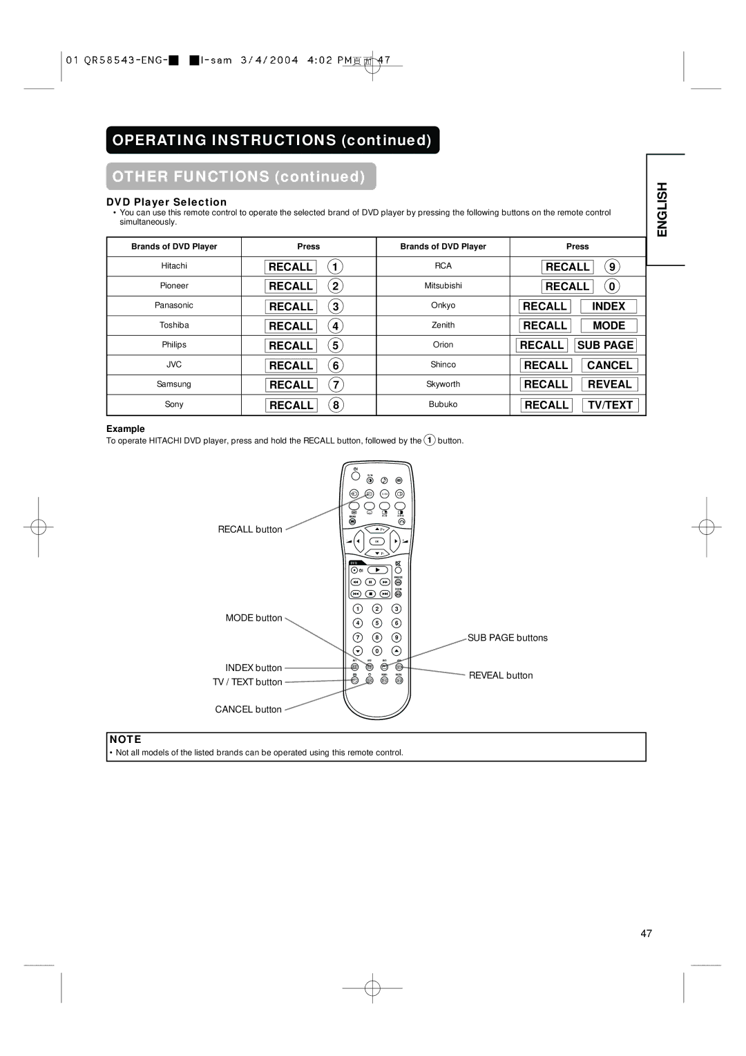 Hitachi 28LD5000TA Operating Instructions Other Functions, DVD Player Selection, Example, Recall button, Reveal button 