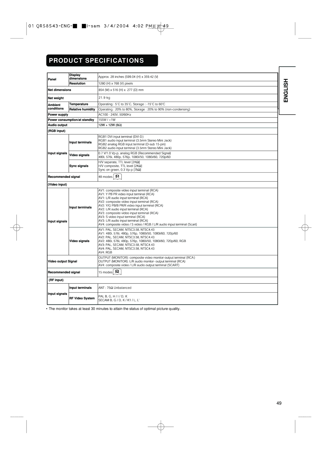 Hitachi 28LD5000TA user manual Product Specifications 