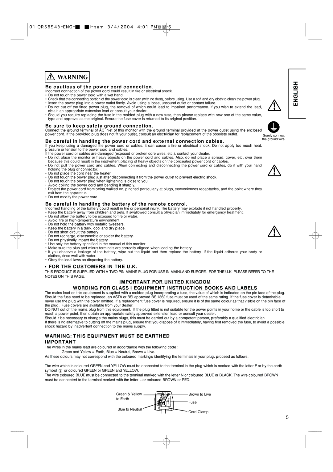 Hitachi 28LD5000TA user manual Be cautious of the power cord connection, Be sure to keep safety ground connection 