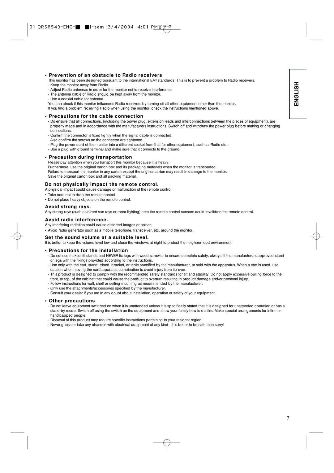 Hitachi 28LD5000TA Prevention of an obstacle to Radio receivers, Precautions for the cable connection, Avoid strong rays 