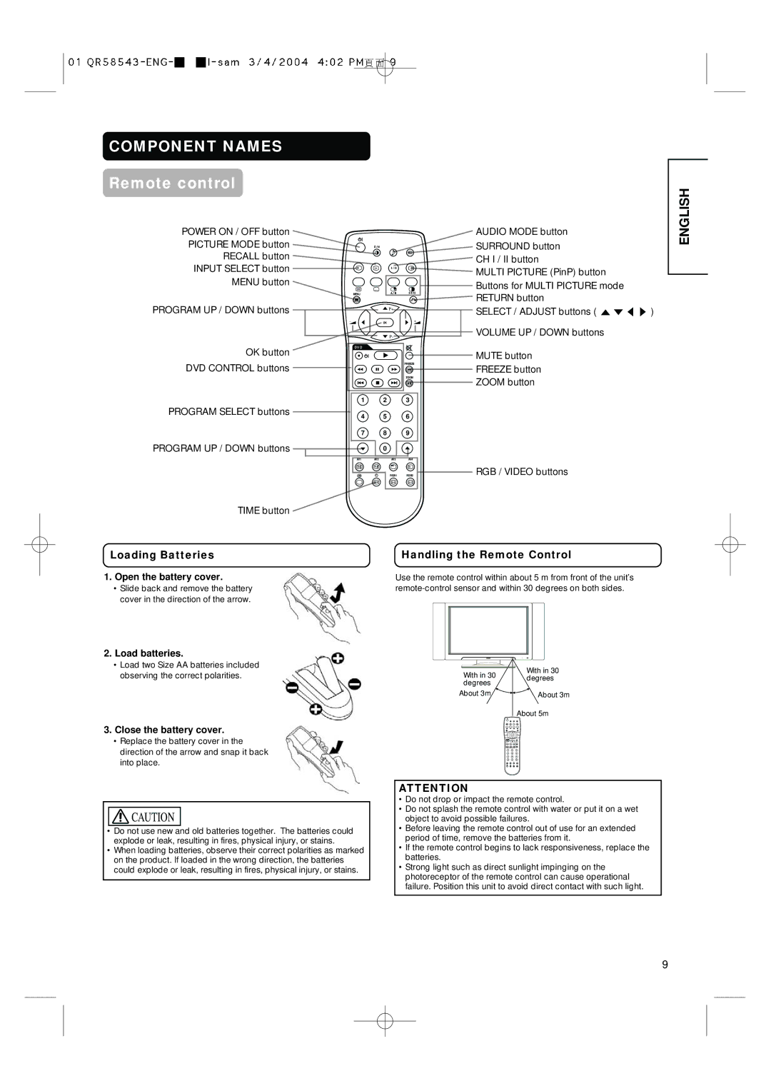 Hitachi 28LD5000TA user manual Remote control, Loading Batteries, Handling the Remote Control 