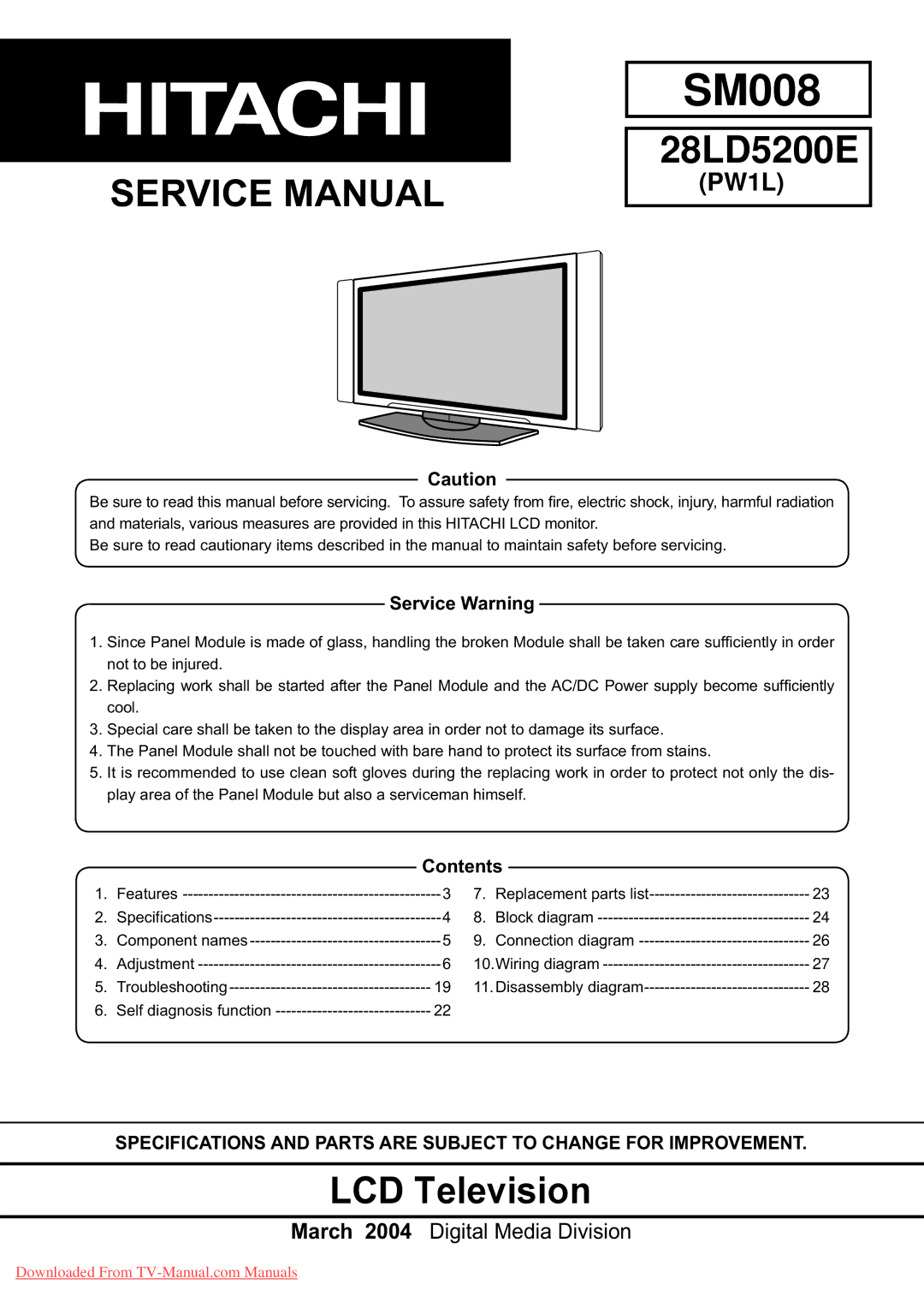 Hitachi 28LD5200E specifications Service Warning, Contents 