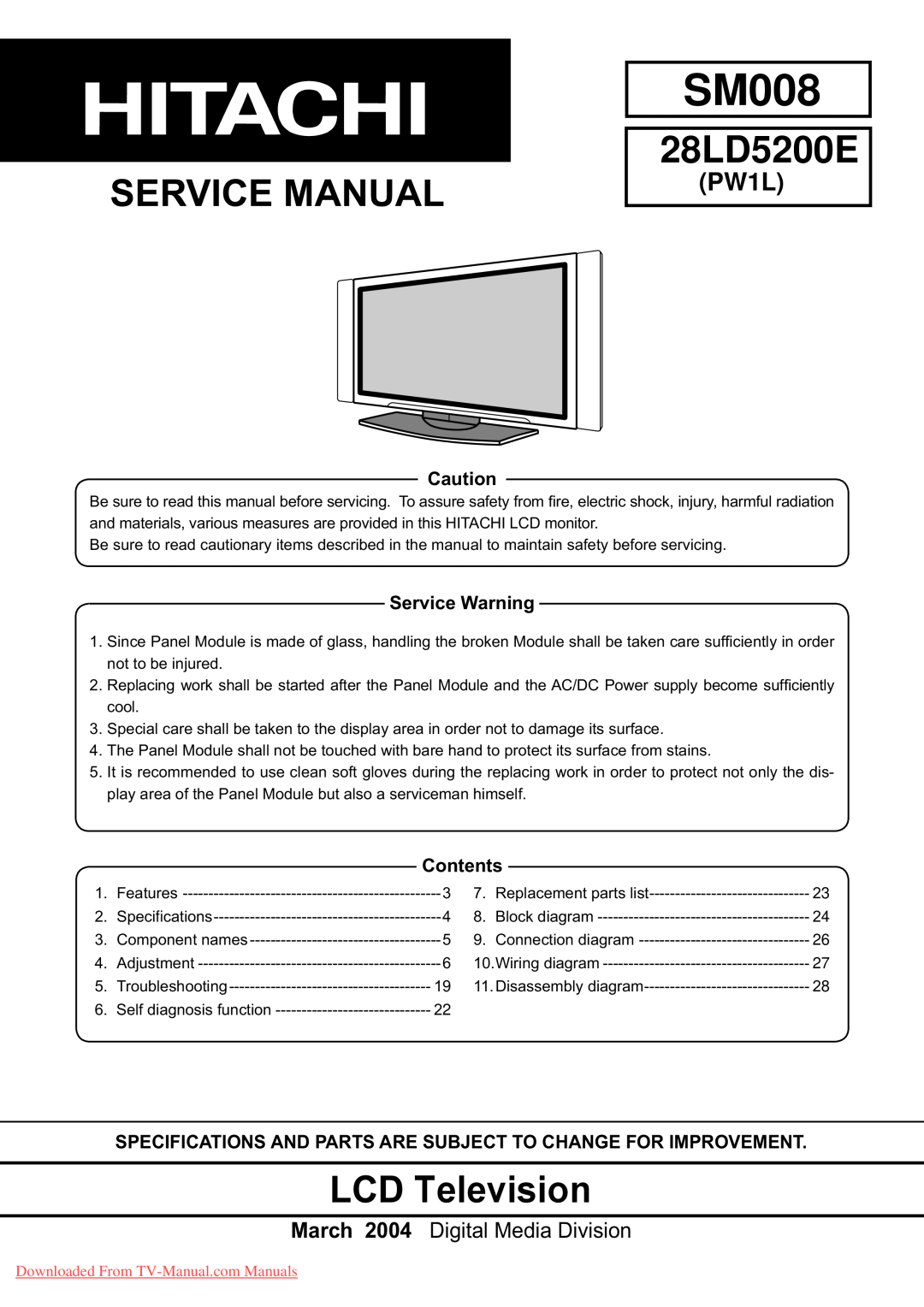 Hitachi 28LD5200E specifications Service Manual, LCD Television, Service Warning, Contents, SM008, PW1L 