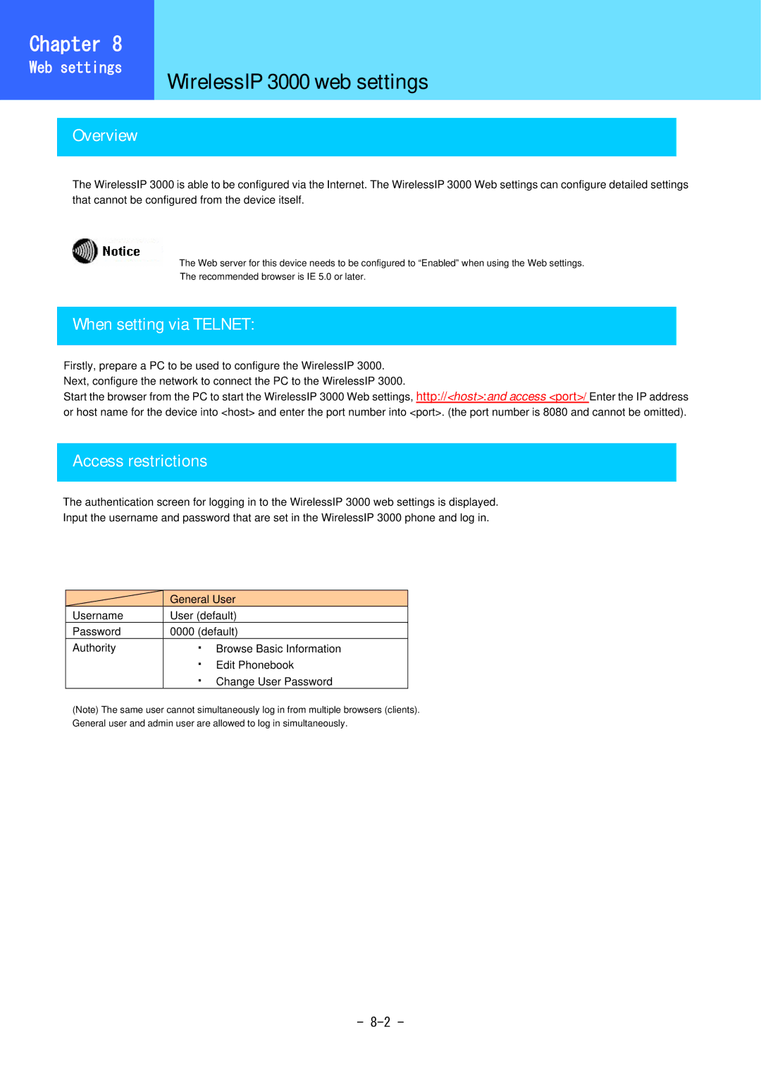 Hitachi user manual WirelessIP 3000 web settings, Overview, When setting via Telnet, Access restrictions, Web settings 