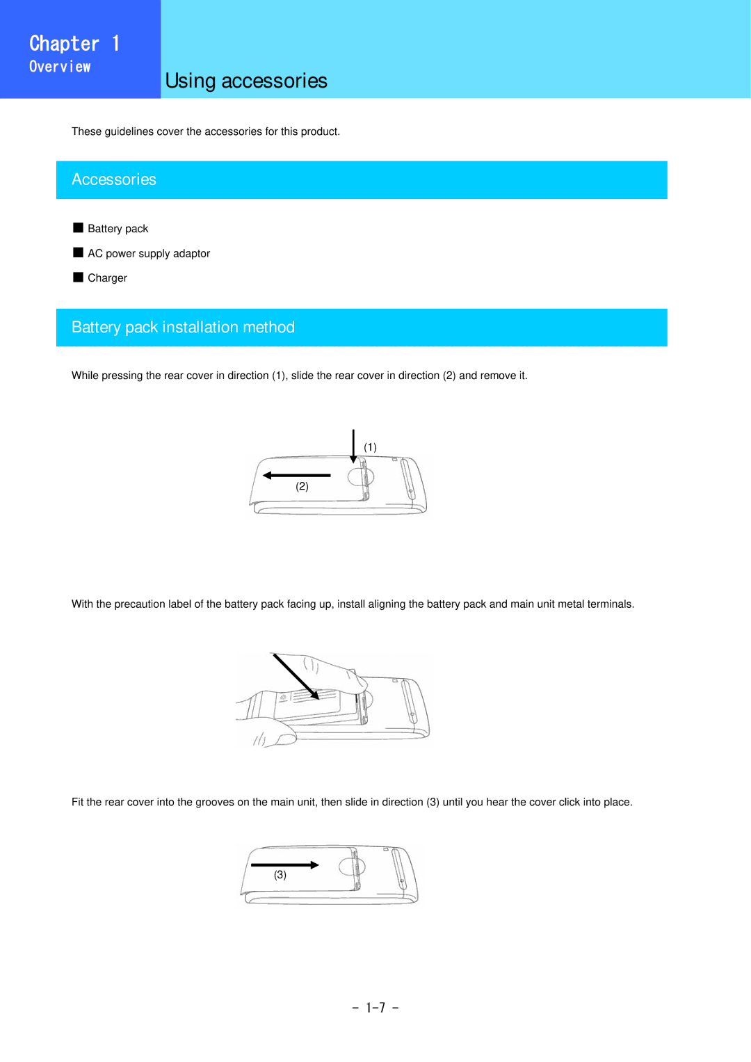 Hitachi 3000 user manual Using accessories, Accessories, Battery pack installation method 