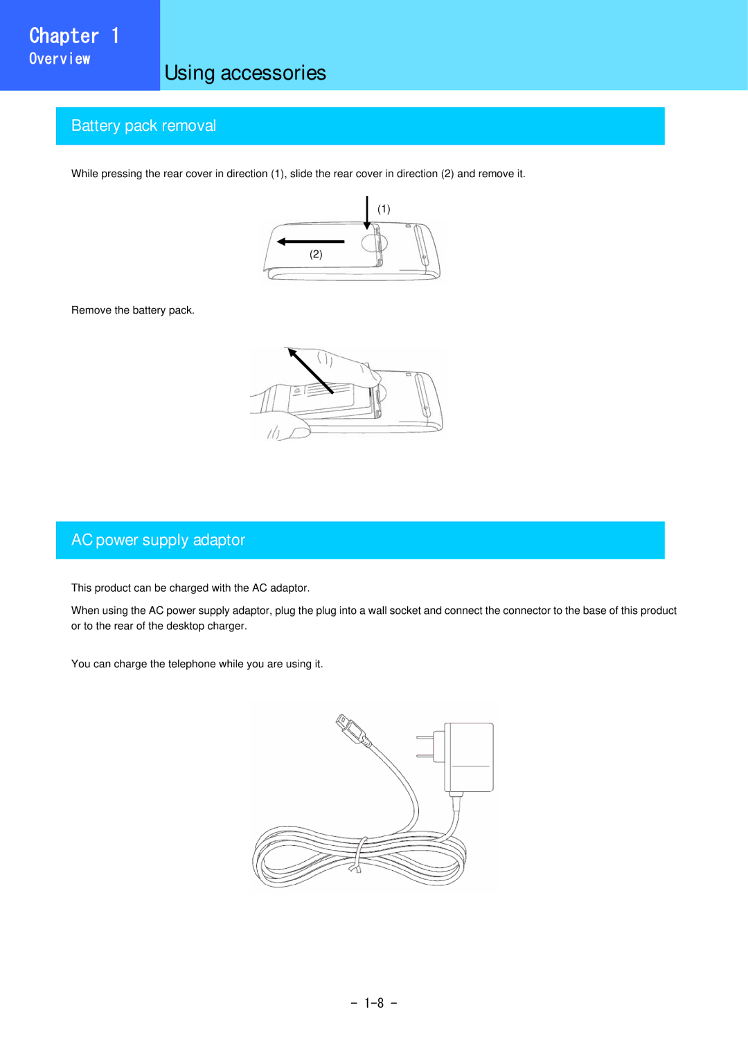 Hitachi 3000 user manual Battery pack removal, AC power supply adaptor, Overview Using, Accessories 