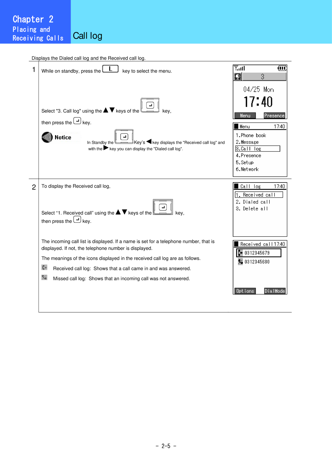 Hitachi 3000 user manual Call log 