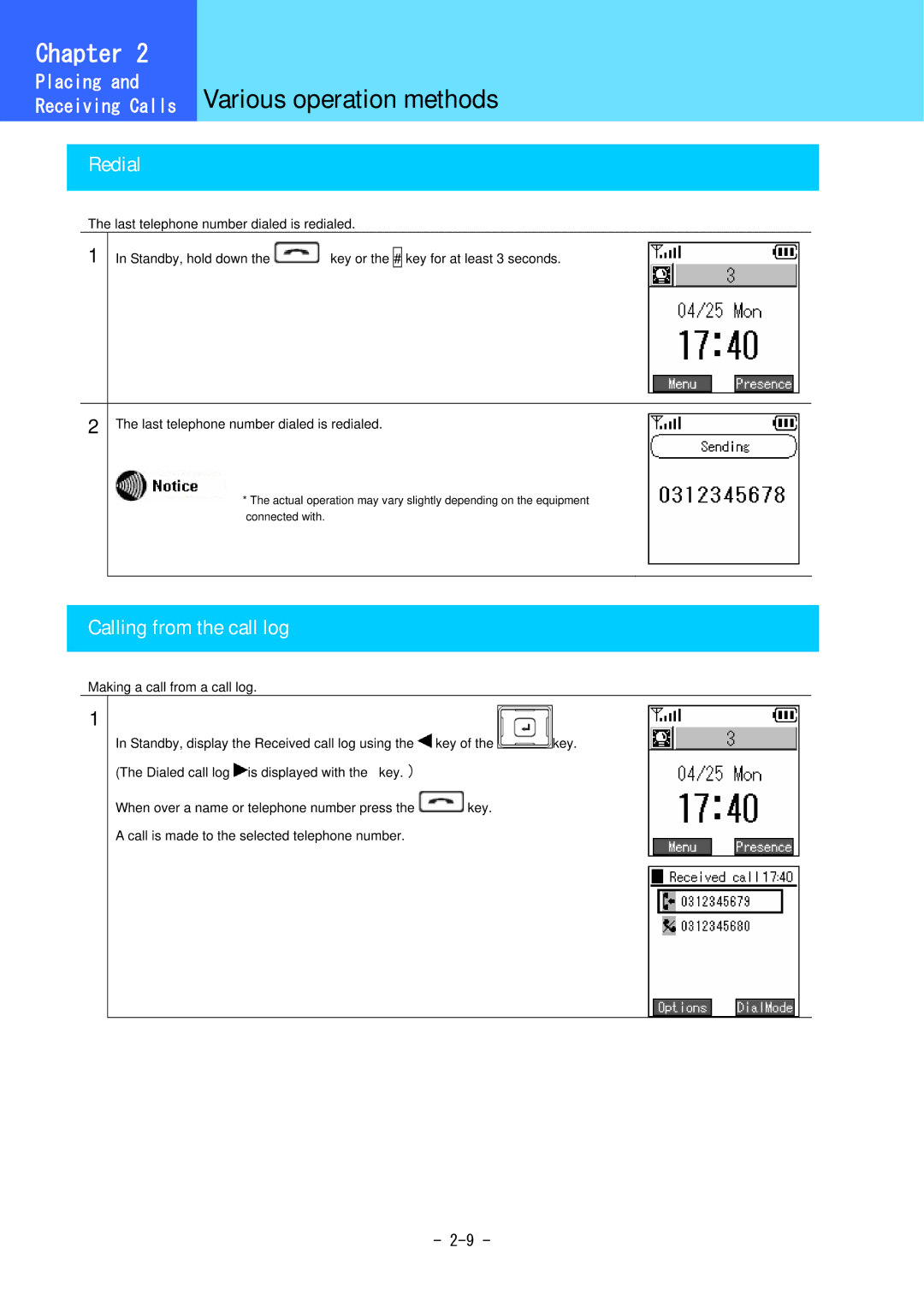 Hitachi 3000 user manual Various operation methods, Redial, Calling from the call log 