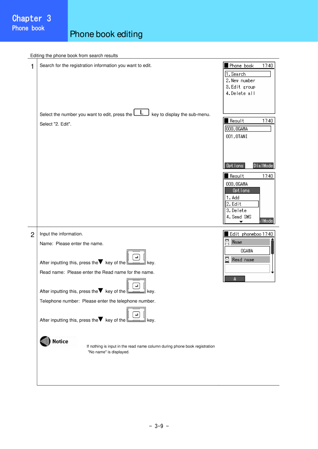 Hitachi 3000 user manual Phone book editing 