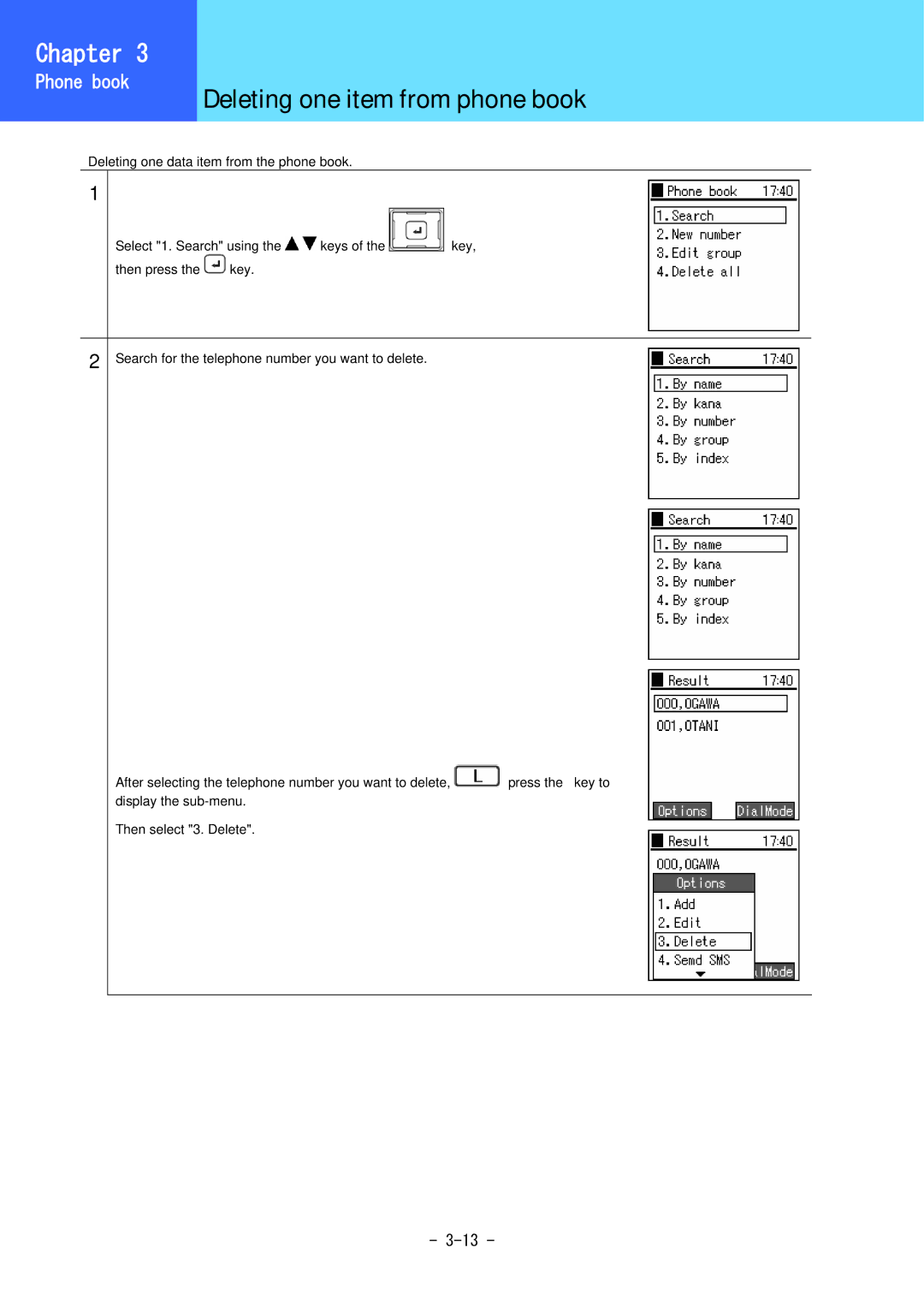 Hitachi 3000 user manual Deleting one item from phone book, Telephone 