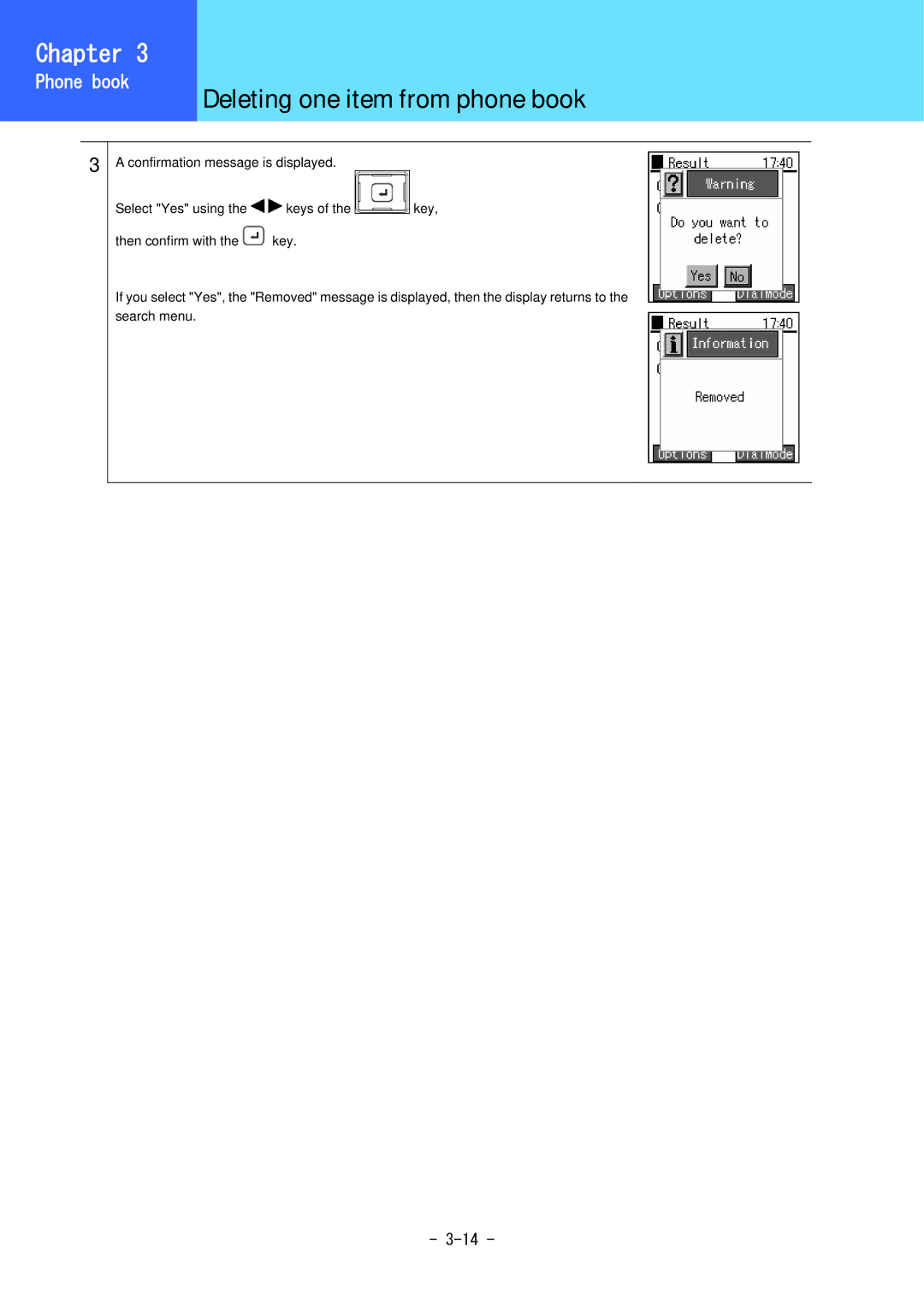 Hitachi 3000 user manual Deleting one item from phone book 