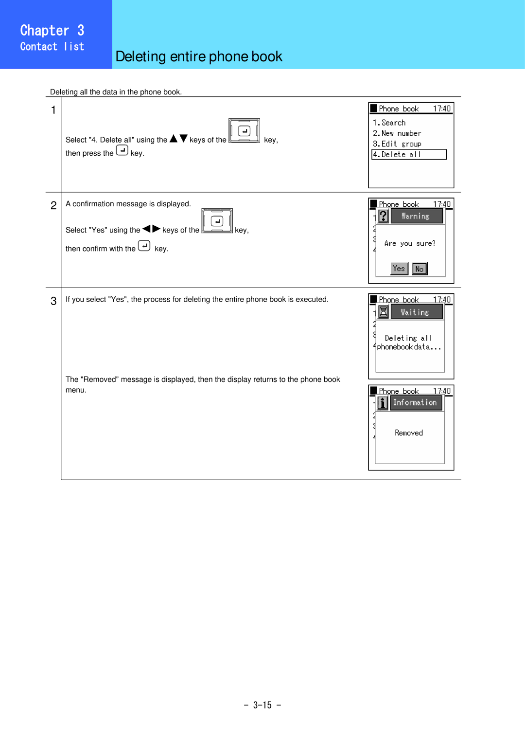 Hitachi 3000 user manual Deleting entire phone book 