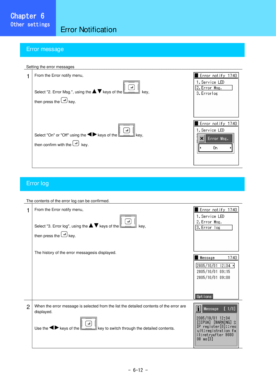 Hitachi 3000 user manual Error message, Error log 