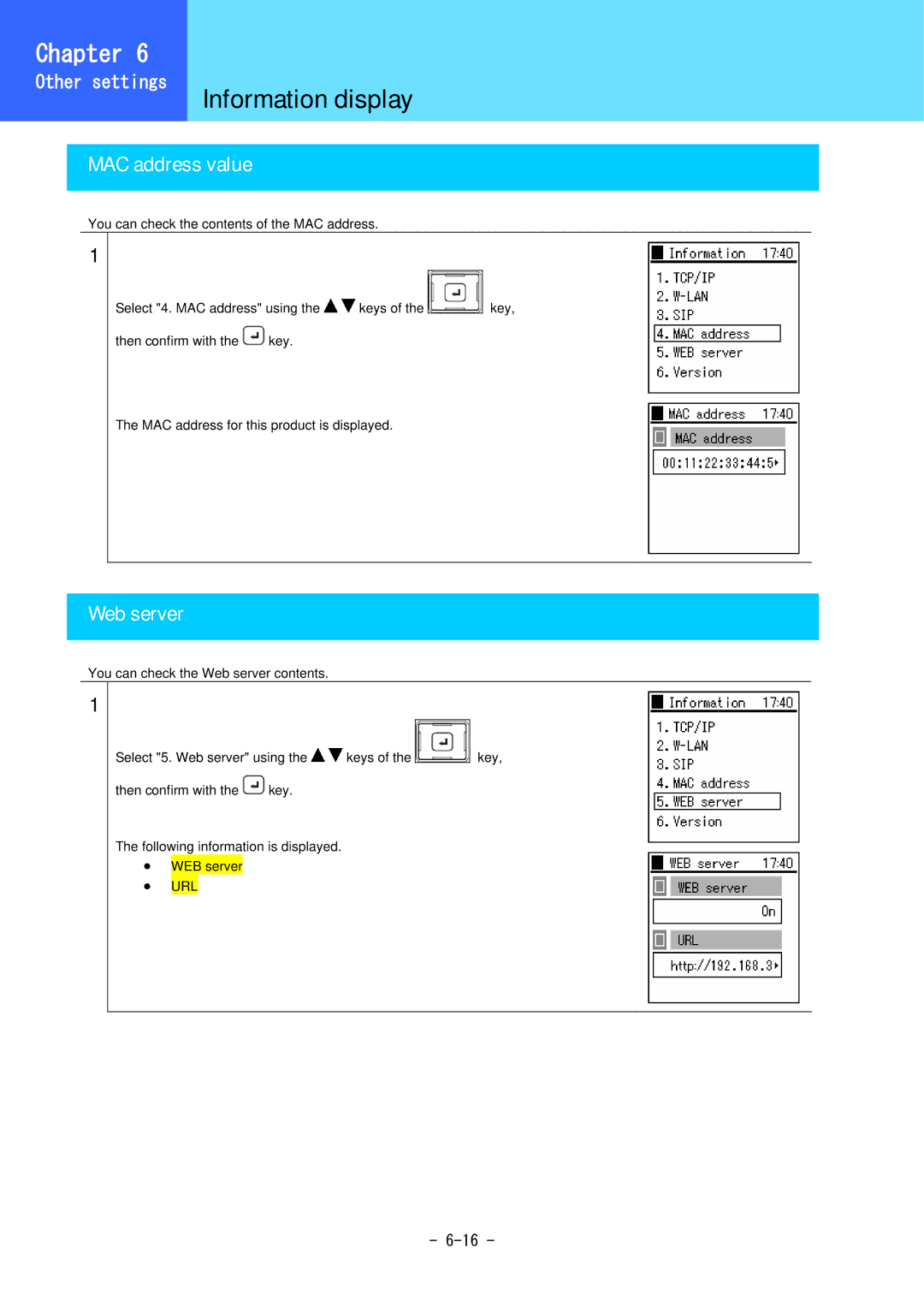 Hitachi 3000 user manual MAC address value, Web server 