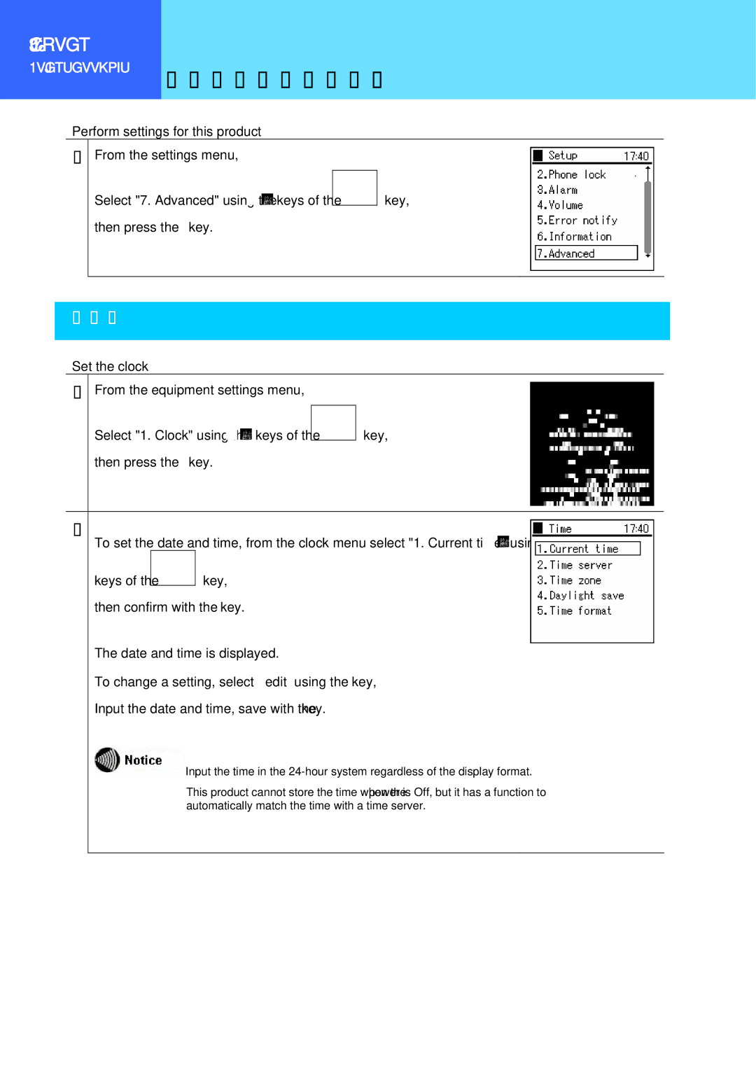 Hitachi 3000 user manual Equipment settings, Time 