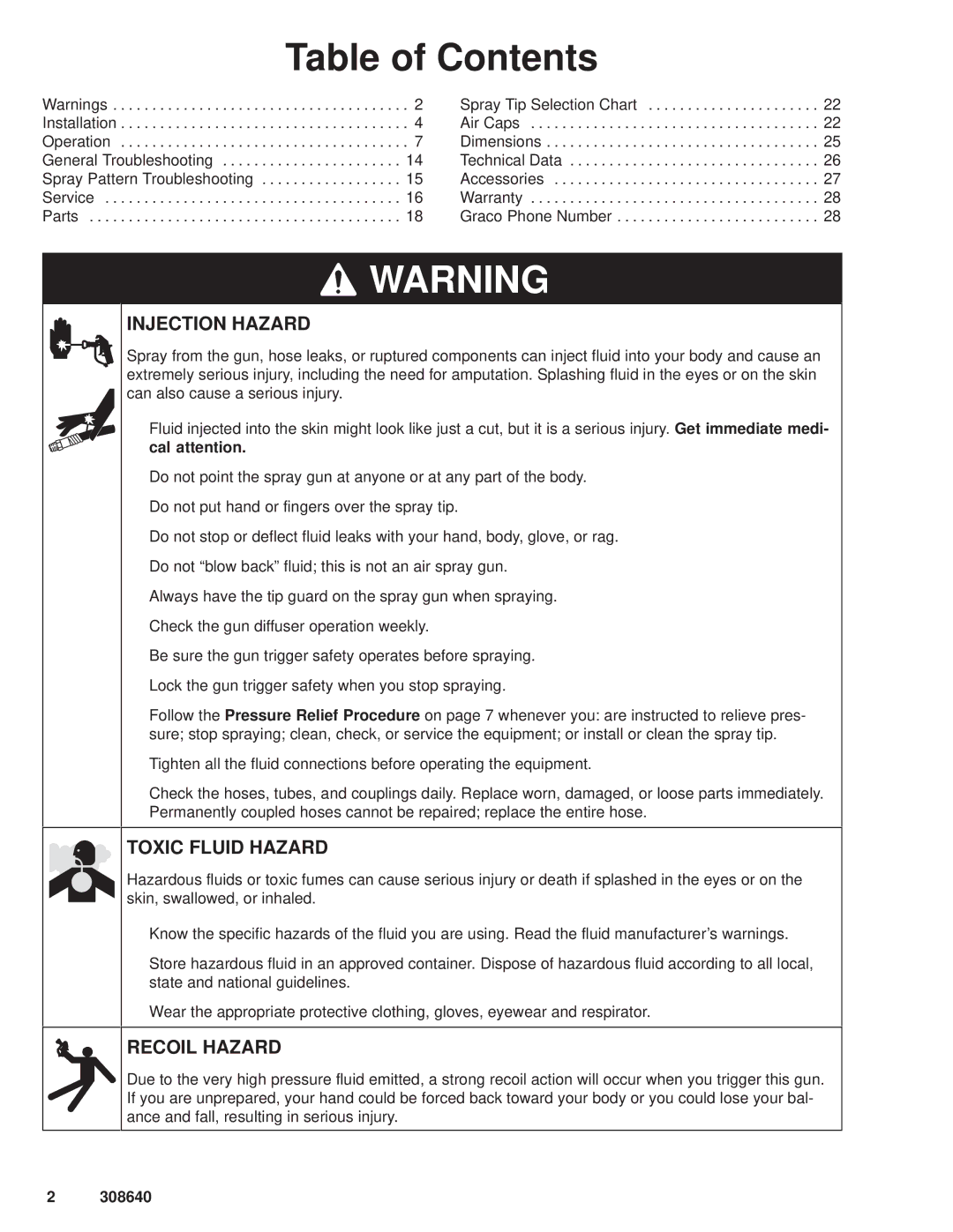 Hitachi 308640 manual Table of Contents 