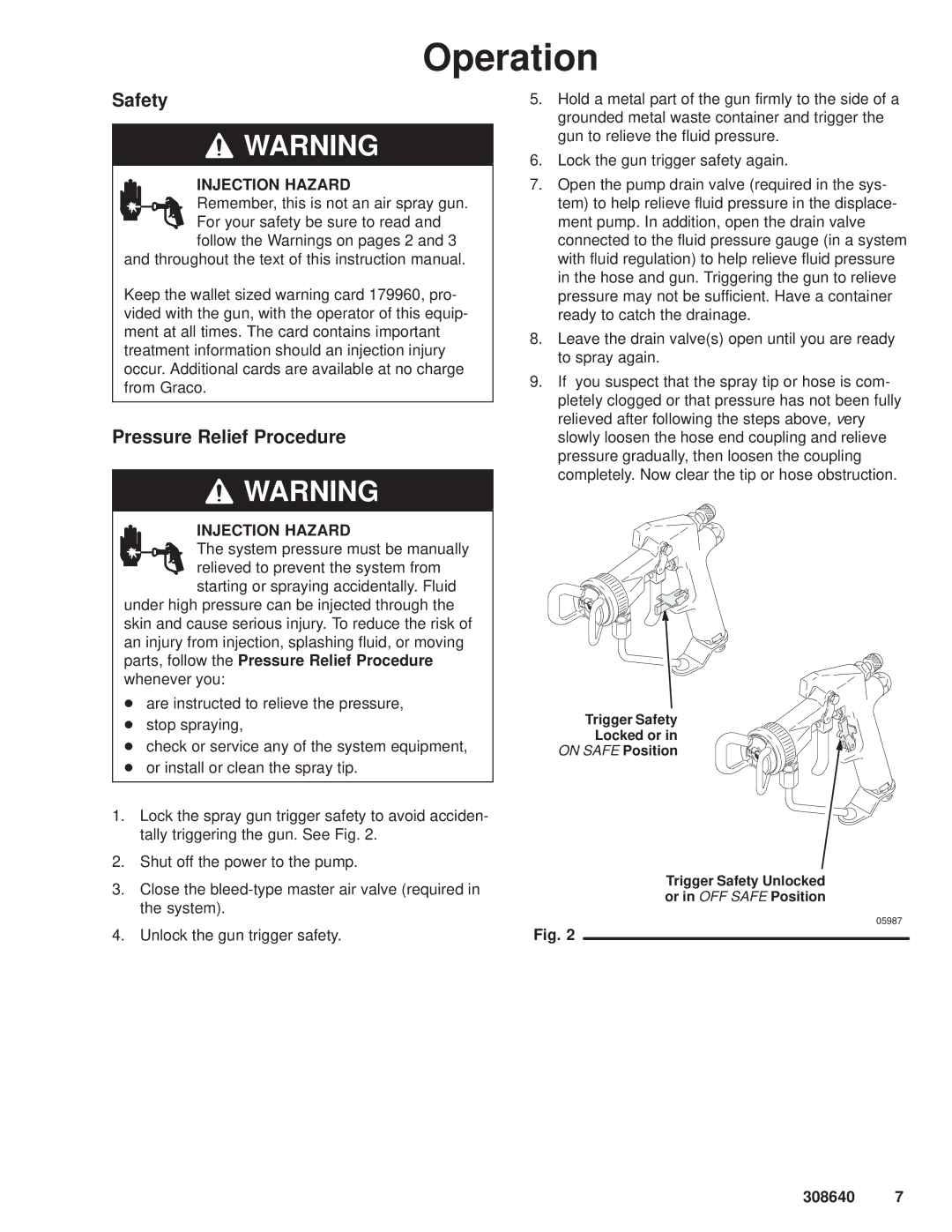 Hitachi 308640 manual Operation, Safety, Pressure Relief Procedure 