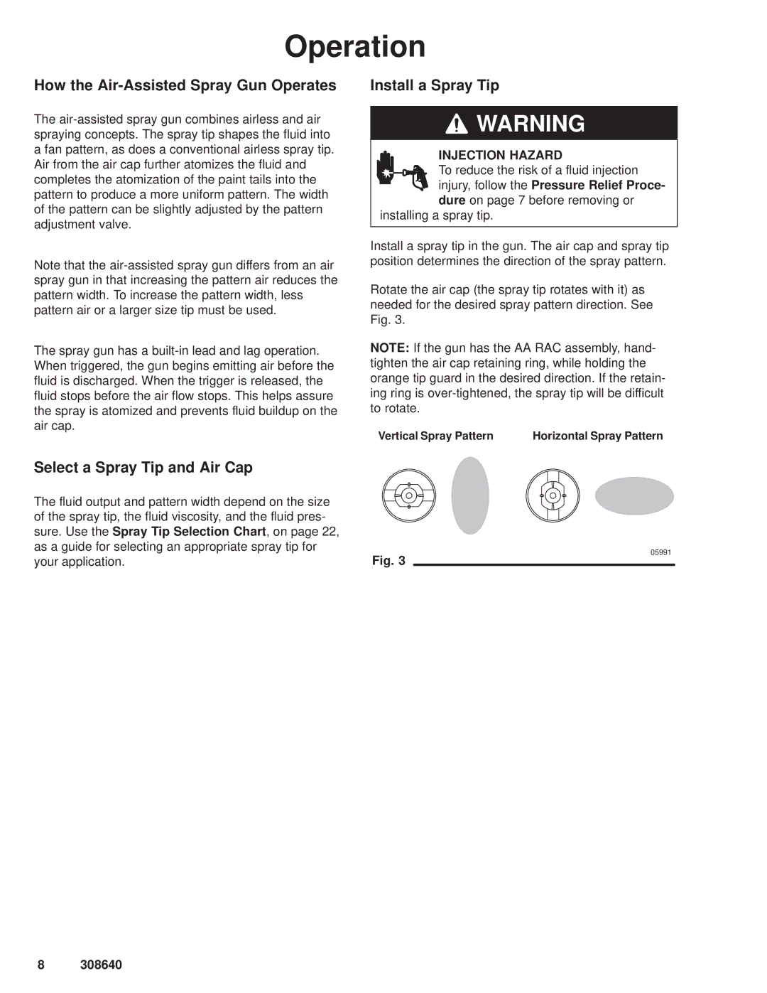 Hitachi 308640 manual How the Air-Assisted Spray Gun Operates, Install a Spray Tip, Select a Spray Tip and Air Cap 