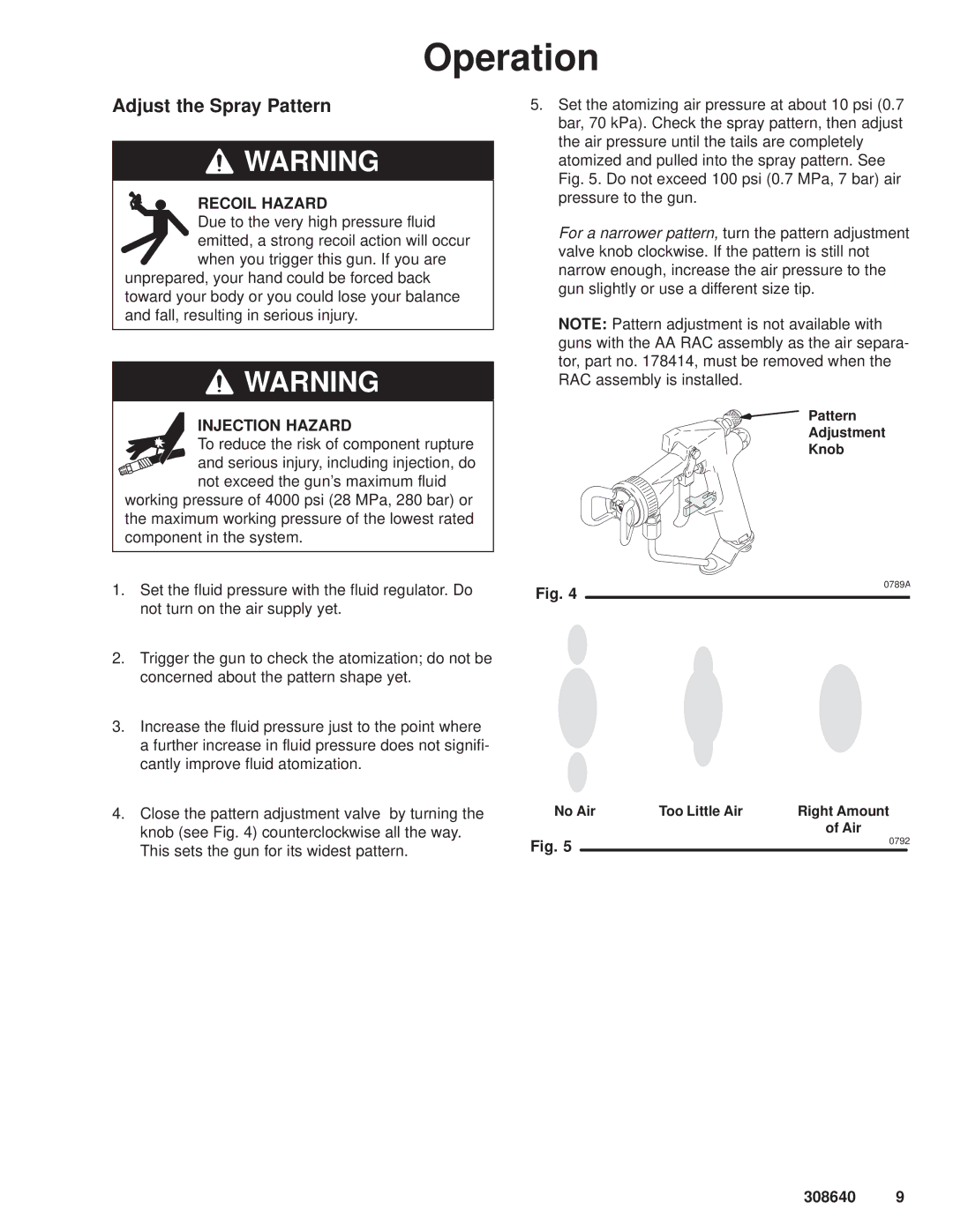 Hitachi 308640 manual Adjust the Spray Pattern, Recoil Hazard 