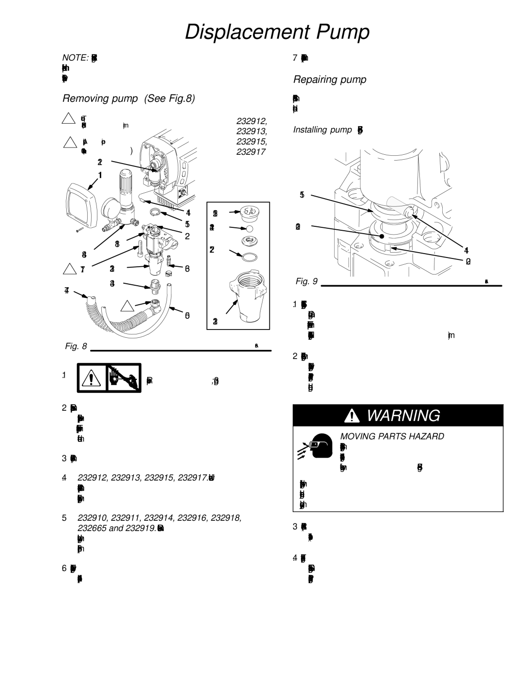 Hitachi 309067 Displacement Pump, Removing pump See, Repairing pump, 232912 232913 232915 232917, Moving Parts Hazard 