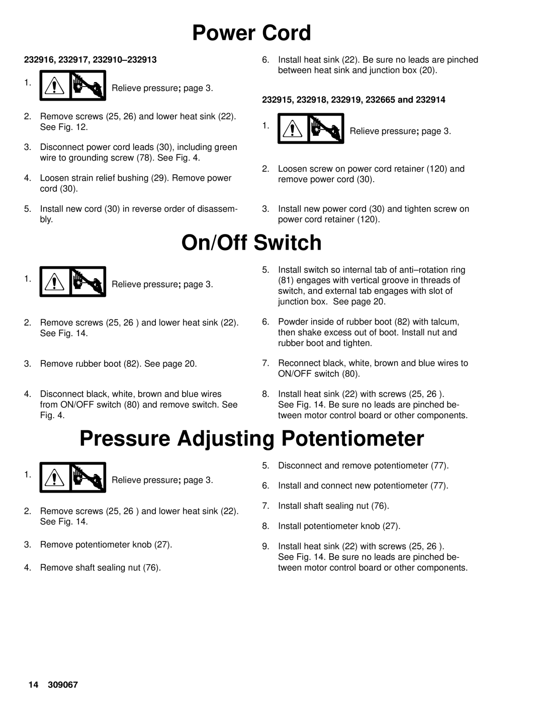 Hitachi 309067 Power Cord, On/Off Switch, Pressure Adjusting Potentiometer, 232916, 232917, 232915, 232918, 232919, 232665 