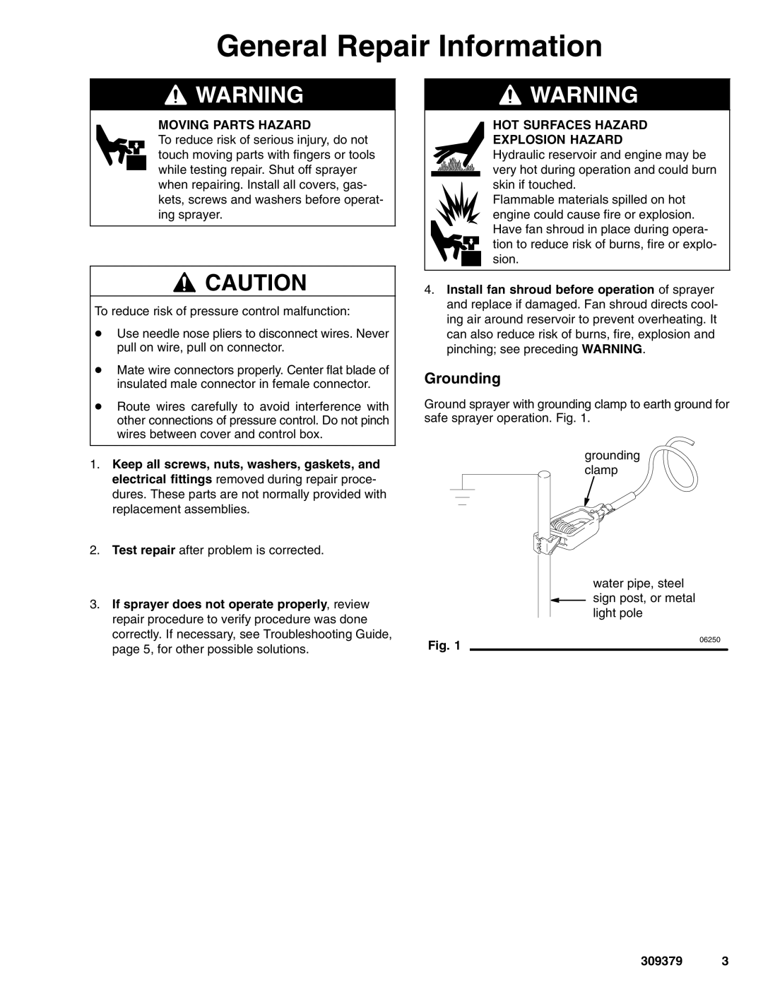 Hitachi 309379 warranty General Repair Information, Grounding, Moving Parts Hazard, HOT Surfaces Hazard Explosion Hazard 