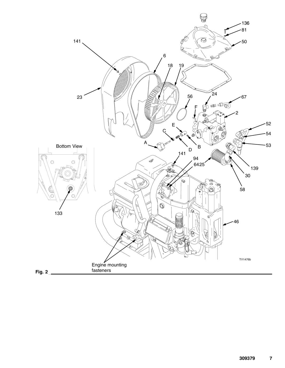 Hitachi 309379 warranty Bottom View 6425 133 Engine mounting Fasteners 136 139 