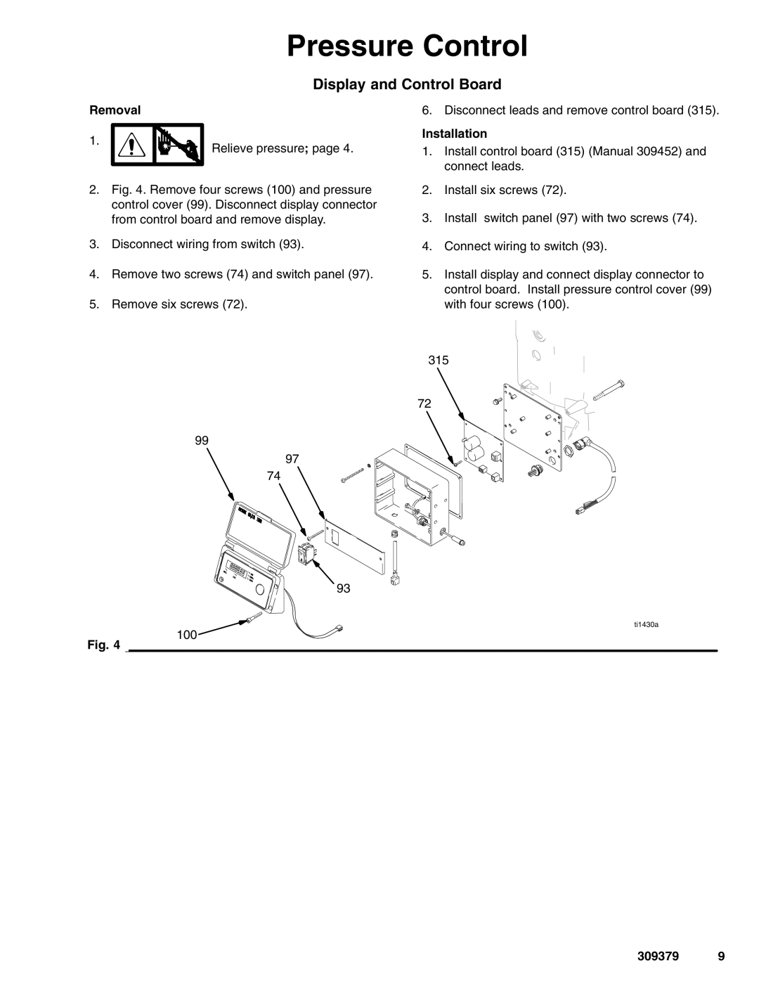 Hitachi 309379 warranty Pressure Control, Display and Control Board, Removal, Installation 