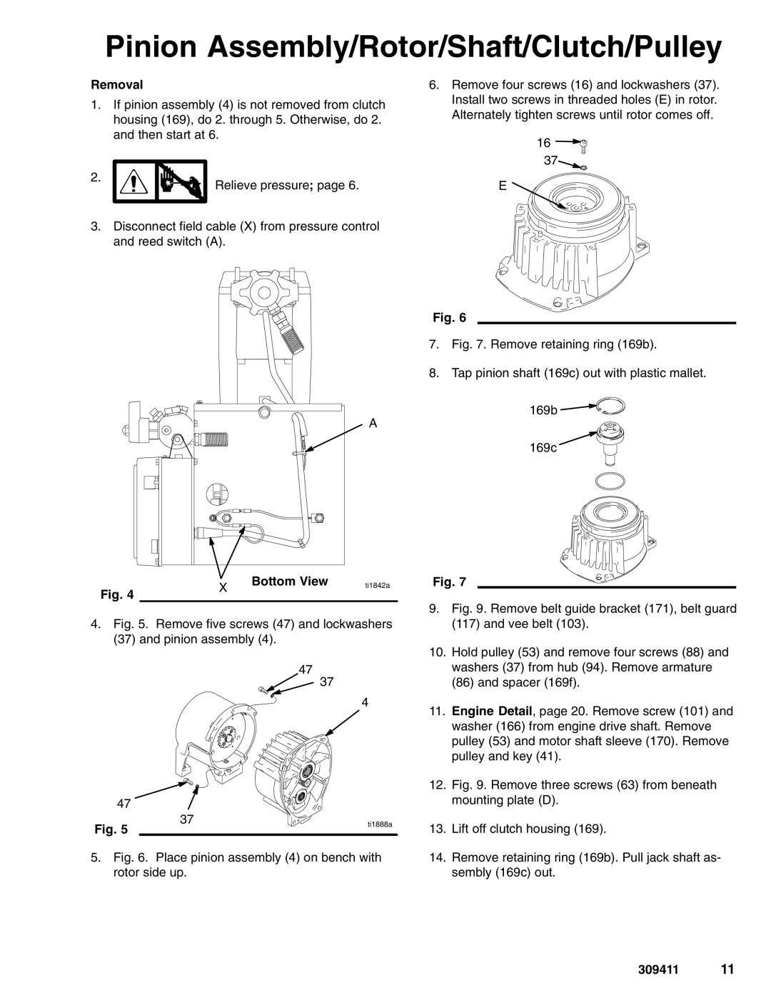 Hitachi 309411E manual Pinion Assembly/Rotor/Shaft/Clutch/Pulley, Bottom View 