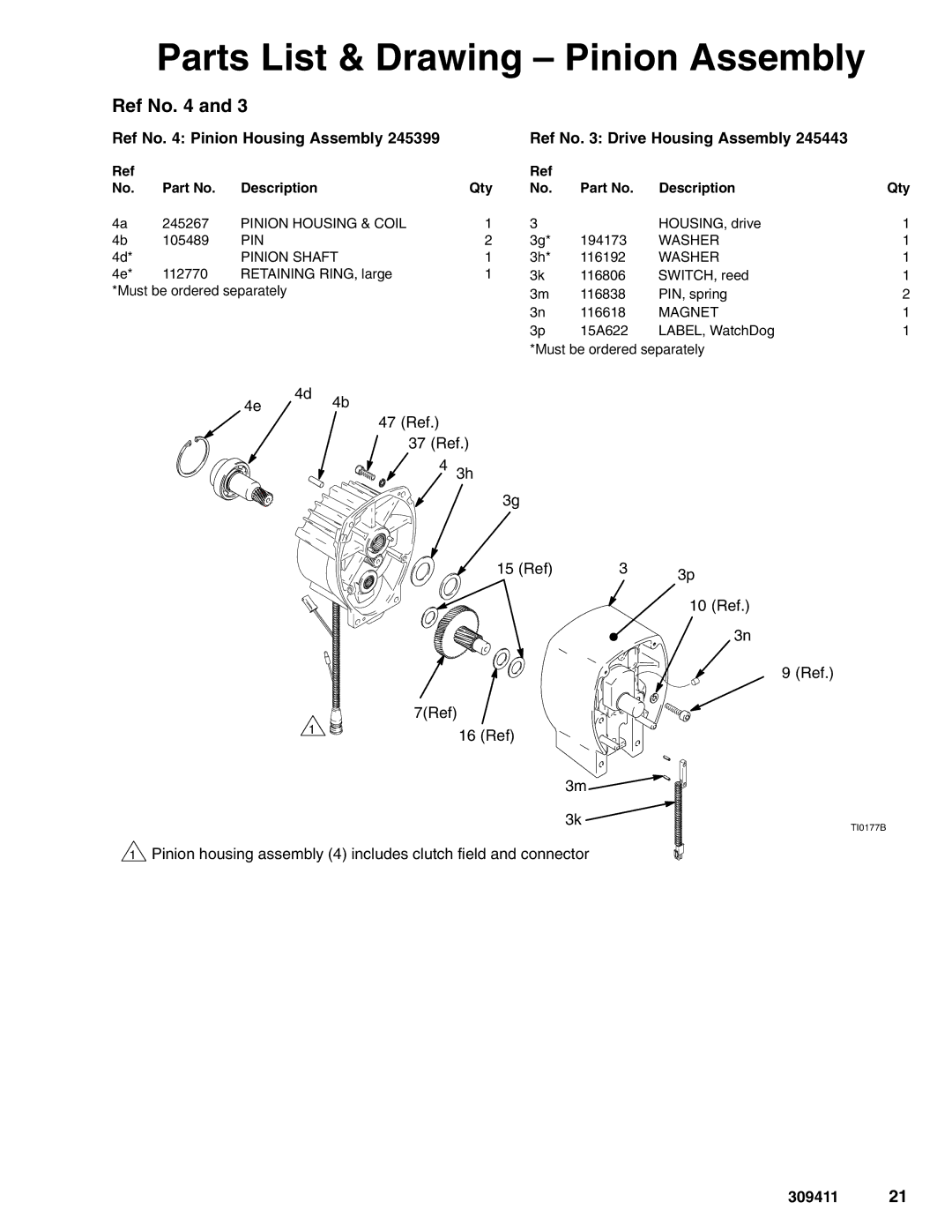 Hitachi 309411E manual Parts List & Drawing Pinion Assembly, Ref No 