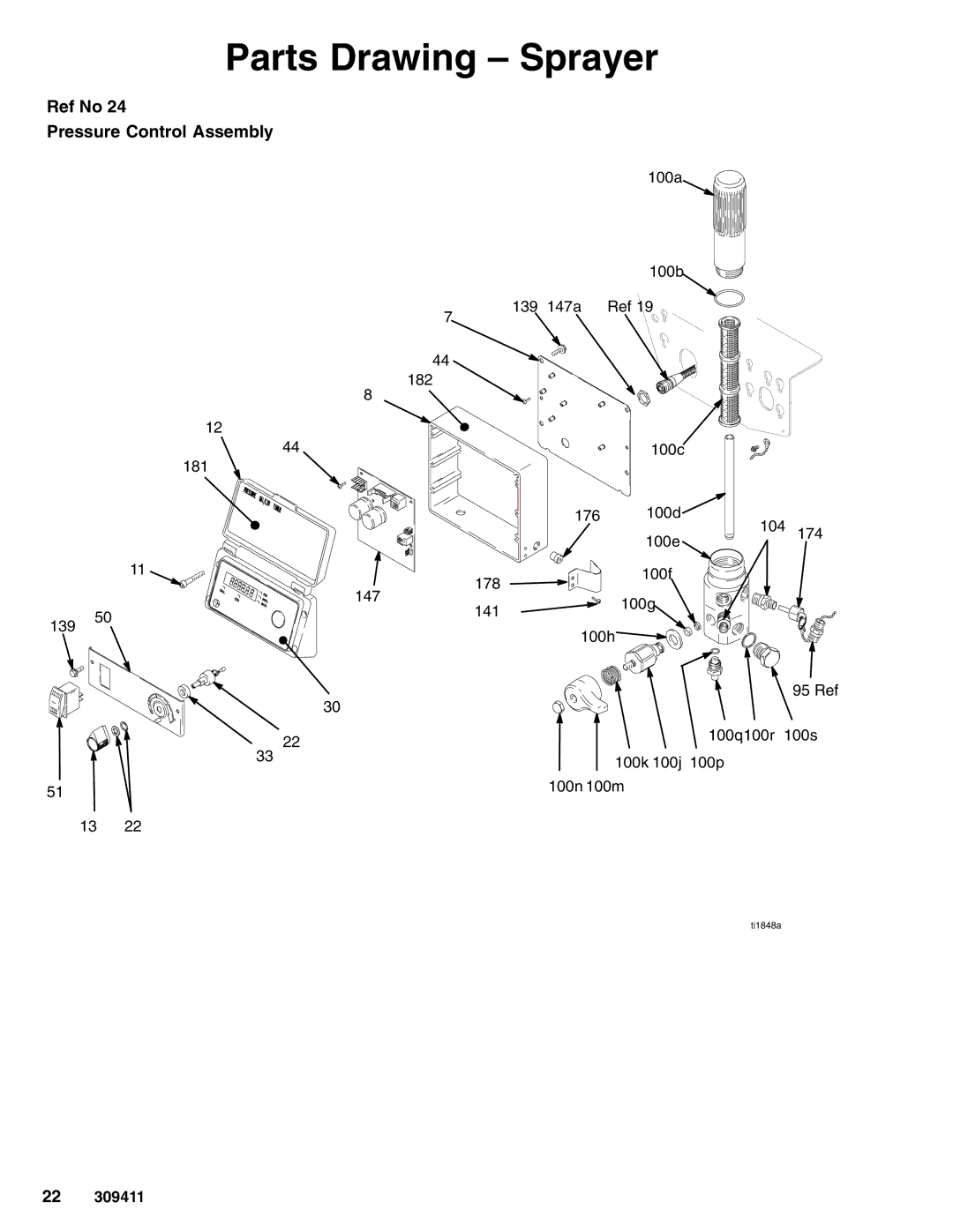 Hitachi 309411E manual Parts Drawing Sprayer, Ref No Pressure Control Assembly 