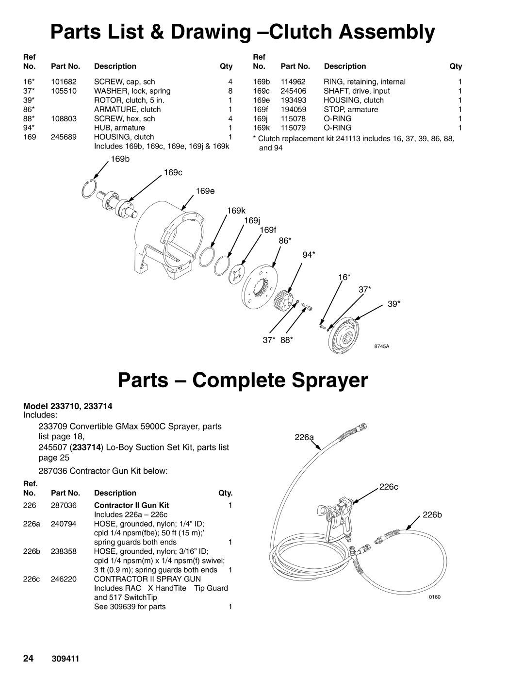 Hitachi 309411E manual Parts List & Drawing -Clutch Assembly, Parts Complete Sprayer, Model 233710 