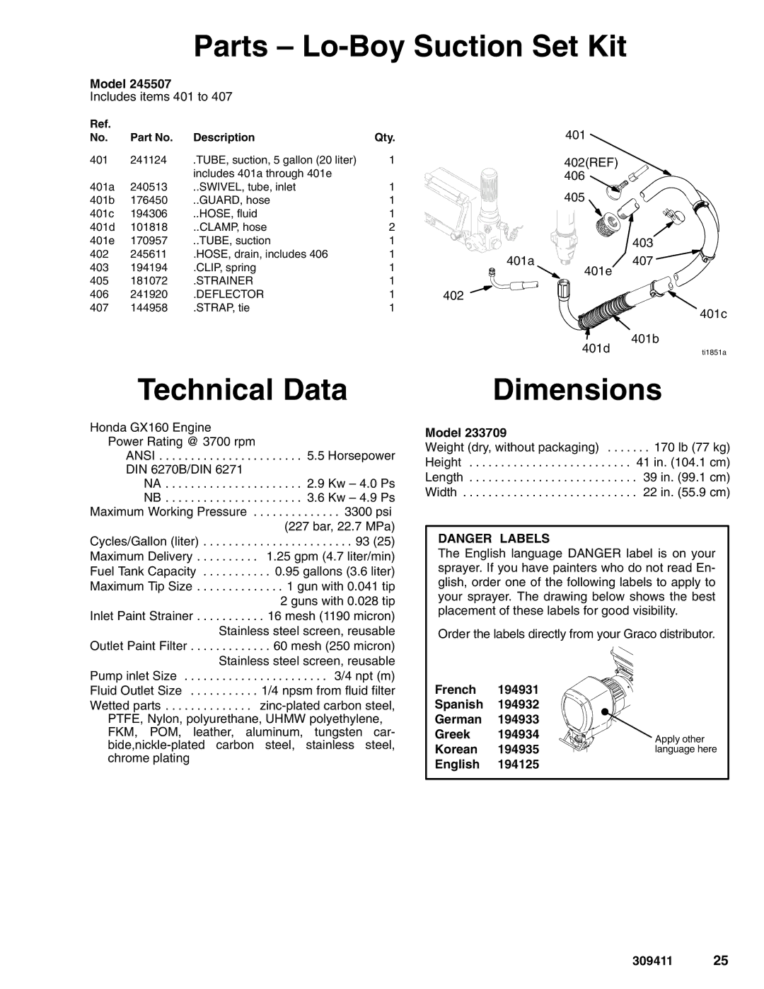 Hitachi 309411E manual Parts Lo-Boy Suction Set Kit, Technical Data, Dimensions 