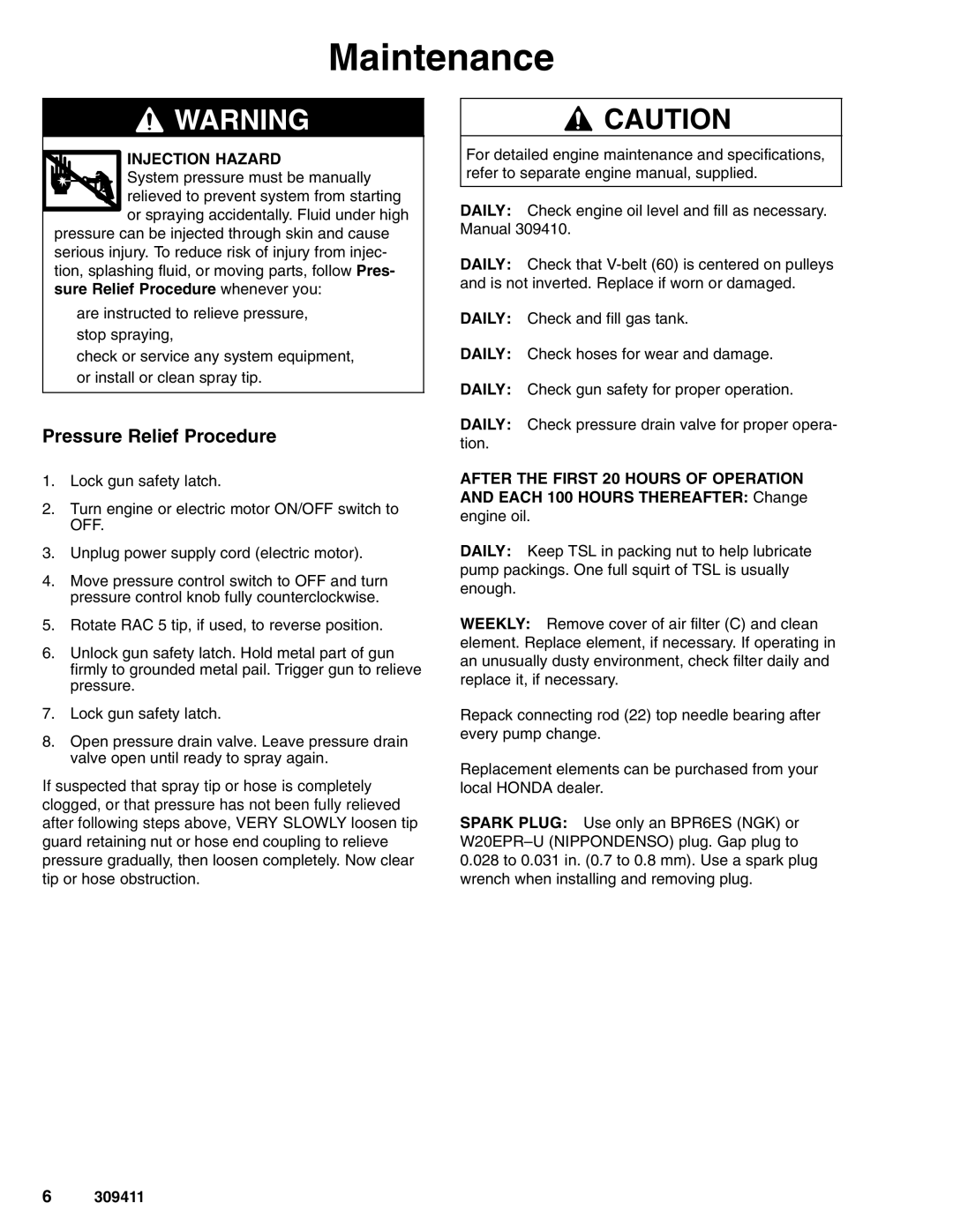 Hitachi 309411E manual Maintenance, Pressure Relief Procedure 