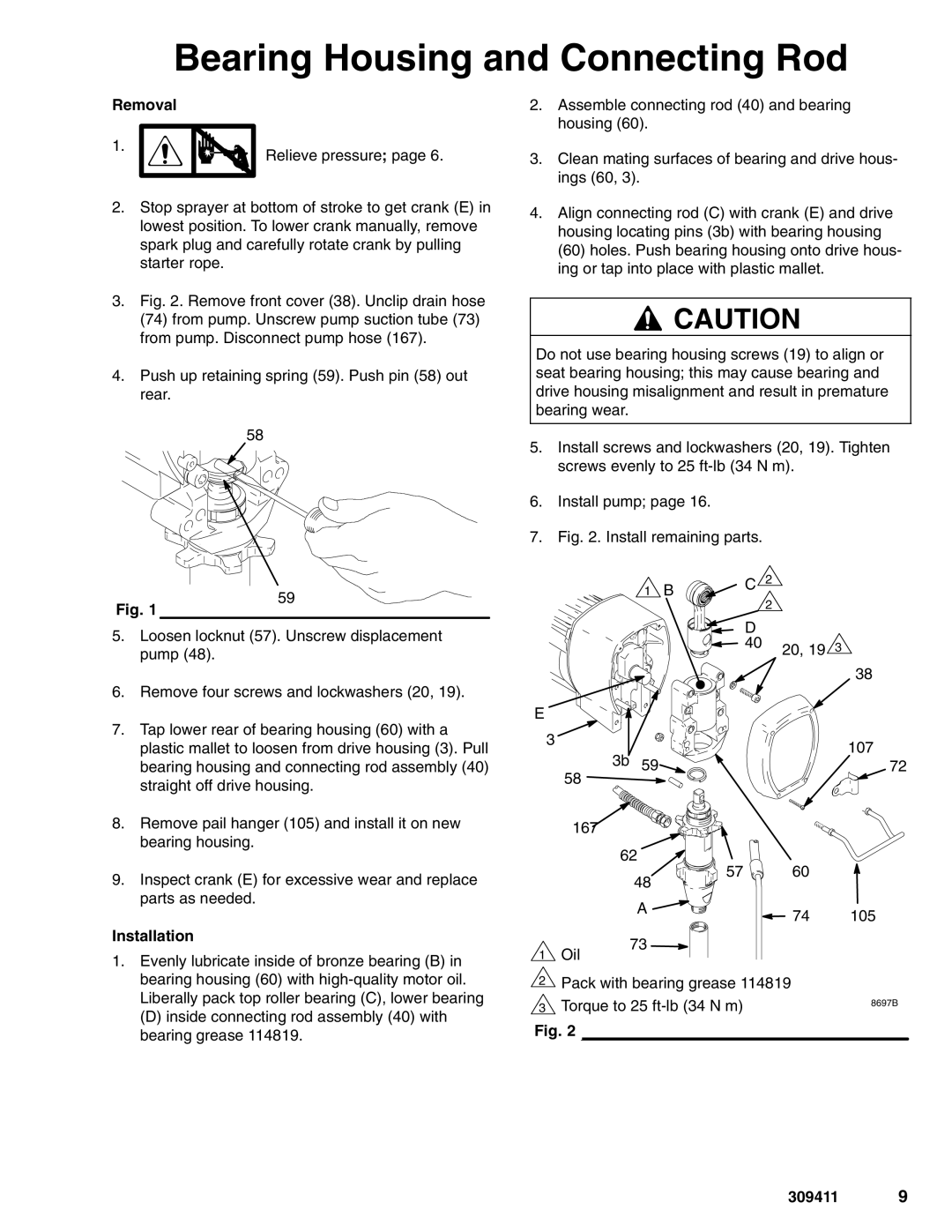 Hitachi 309411E manual Bearing Housing and Connecting Rod, Removal, Installation 